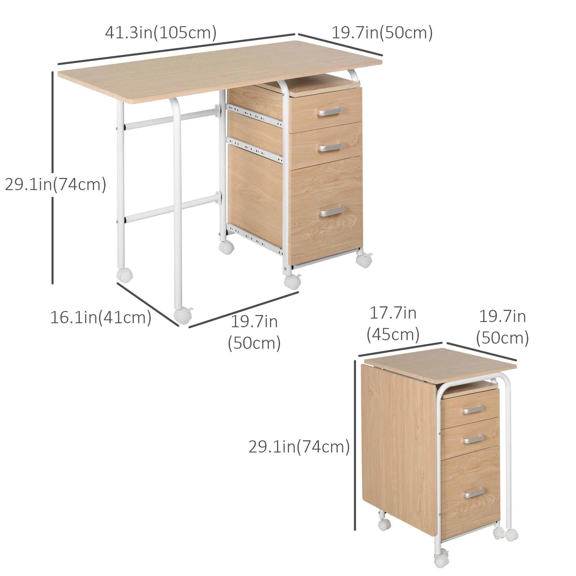 Foldable Computer Desk with Drawers, Executive Student Table with Storage Shelf, 6 Wheels for Bedroom Home Office Workst
