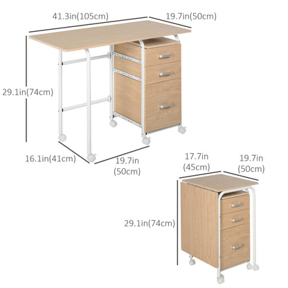 Foldable Computer Desk with Drawers, Executive Student Table with Storage Shelf, 6 Wheels for Bedroom Home Office Workst