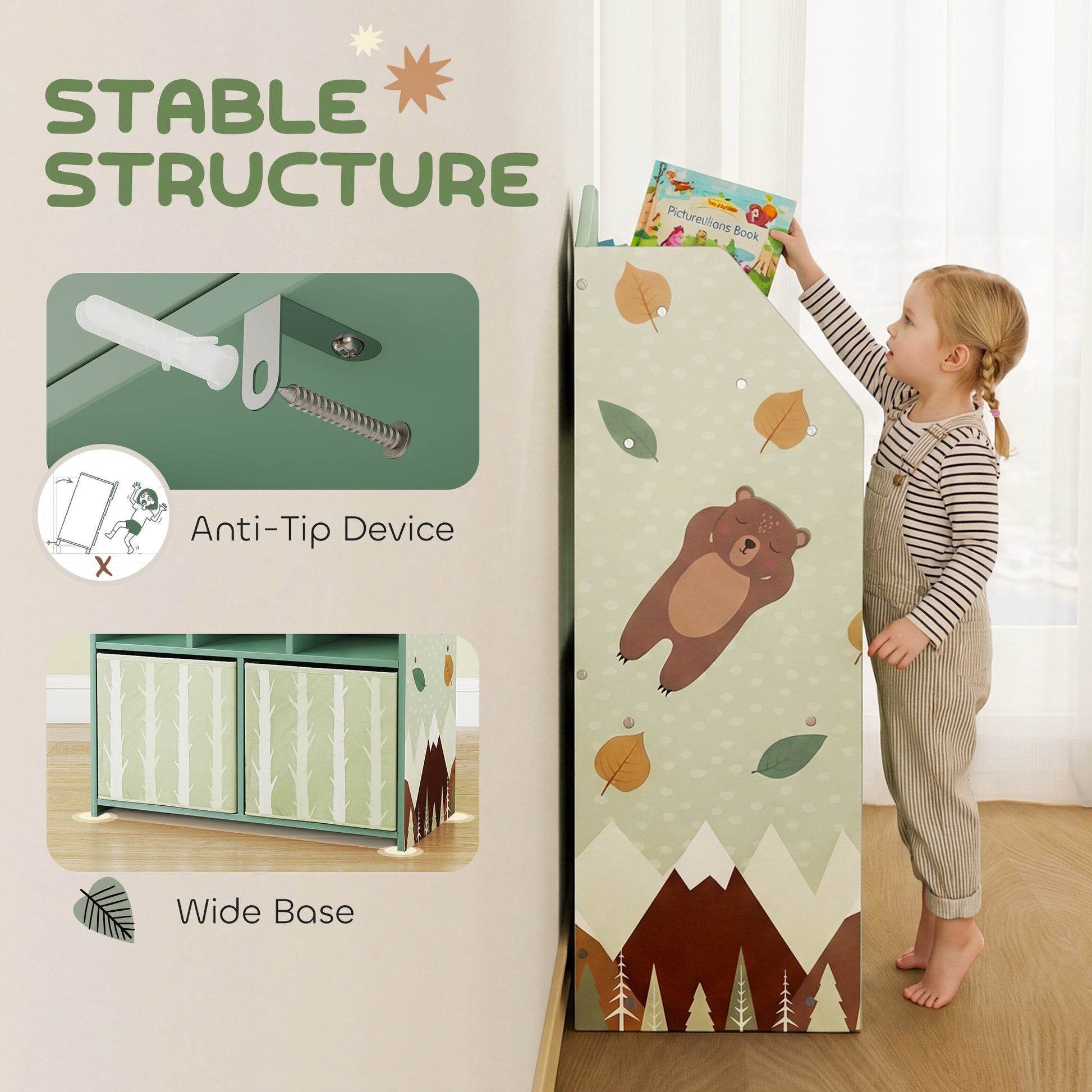 Qaba Kids Bookshelf with Storage, Toy Storage Unit with Book Display, Shelves and Fabric Drawers for Playroom Nursery, G