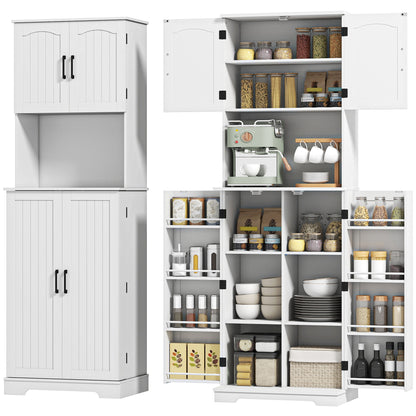 71.5" Tall Pantry Cabinet, Farmhouse Kitchen Storage Cabinet with Adjustable Shelves, 8 Door Spice Racks, White