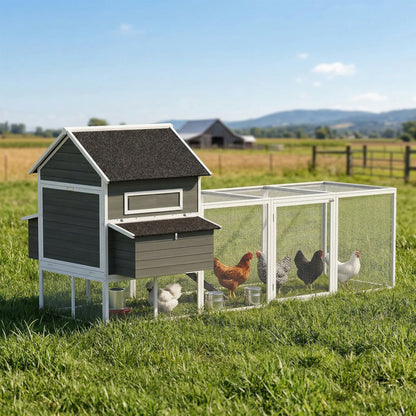 137" Wooden Chicken Coop with Chicken Run, Nesting Box, Dark Grey