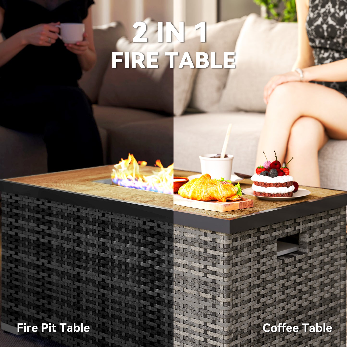 32" Propane Fire Pit Table 40,000 BTU Rattan Outdoor Gas Fire Table with Hideaway Propane Tank Holder, Waterproof Cover