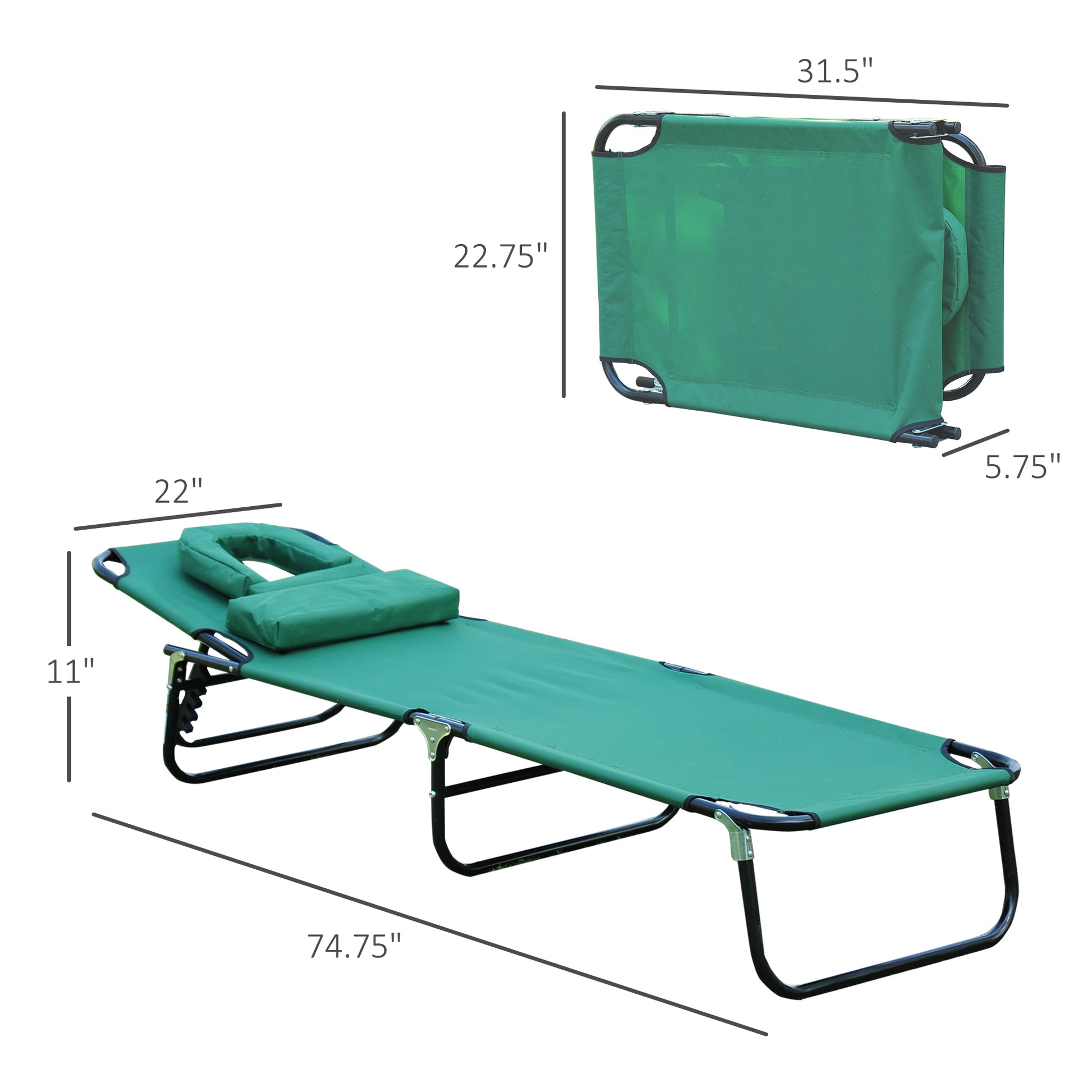 Folding Outdoor Lounge Chair, Portable Reclining Beach Lounger with Face Hole, Detachable Pillow, 3-Position Adjustable 