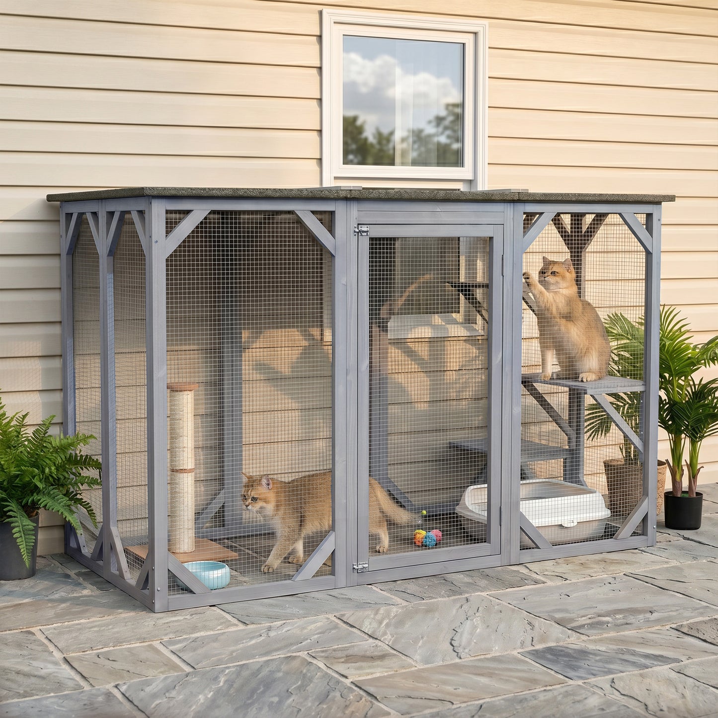 44.1" H Cat Cage, Indoor Outdoor Wooden Enclosure Pet House, Small Animal Cage Hutch, Suitable for Rabbit, Dogs, Kitten,