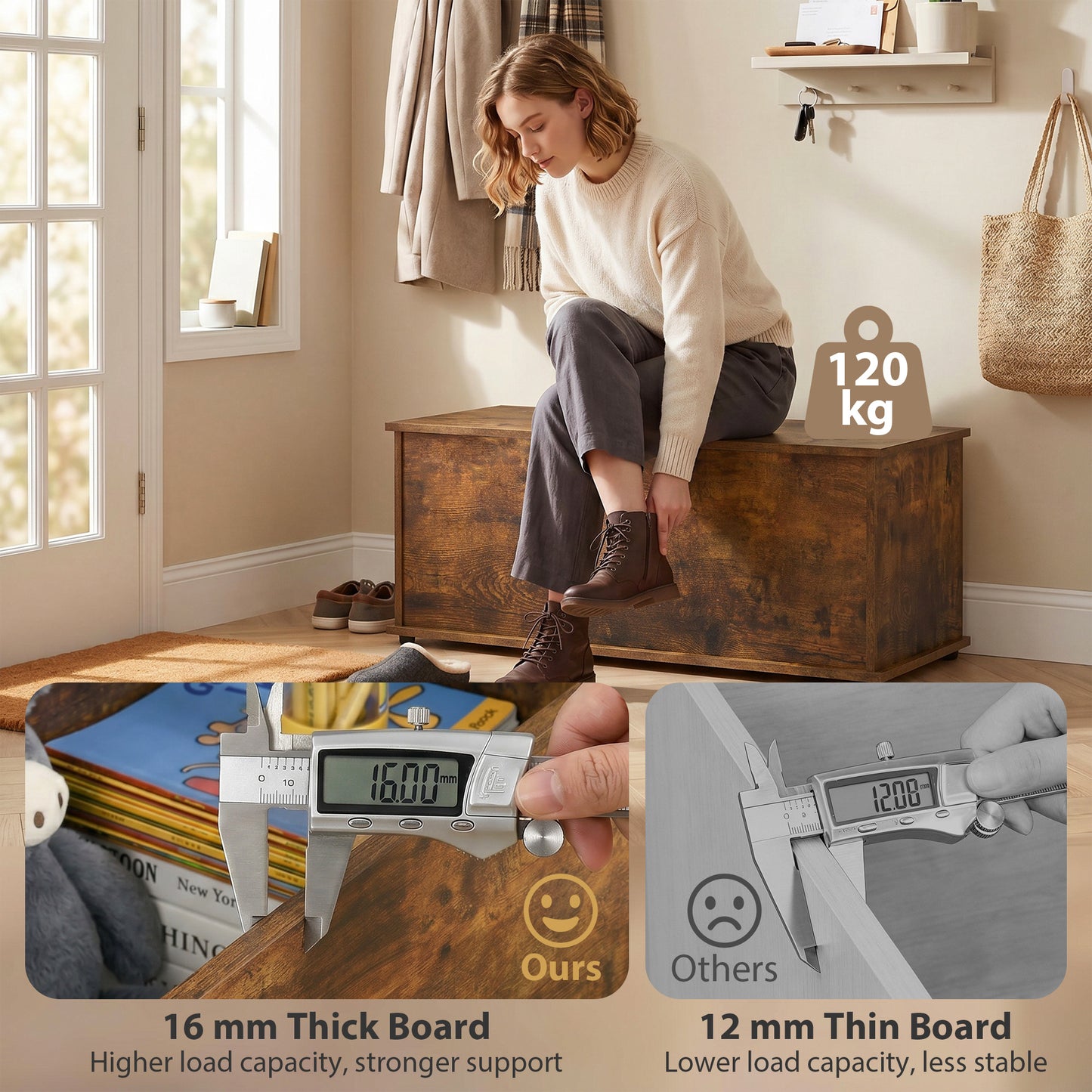 39.5" Storage Chest with 2 Safety Hinges, Storage Box Organizer with Flip-Top Lid, Entryway Storage Bench, Rustic Brown