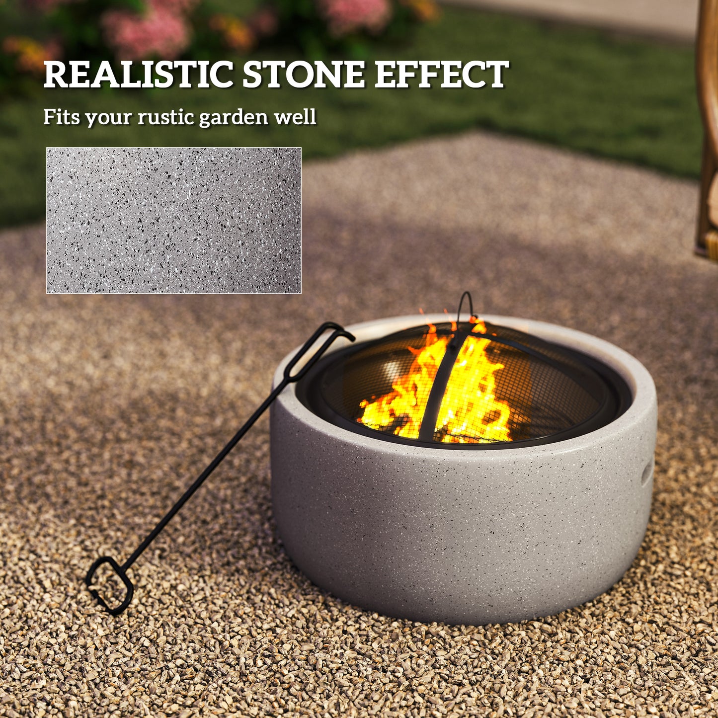 18" Round Outdoor Fire Pit Firepit Fireplace Wood-burning with Spark Screen Poker for Backyard Camping Bonfire, Grey