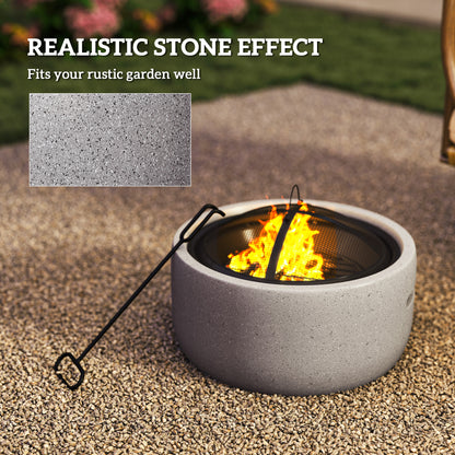 18" Round Outdoor Fire Pit Firepit Fireplace Wood-burning with Spark Screen Poker for Backyard Camping Bonfire, Grey