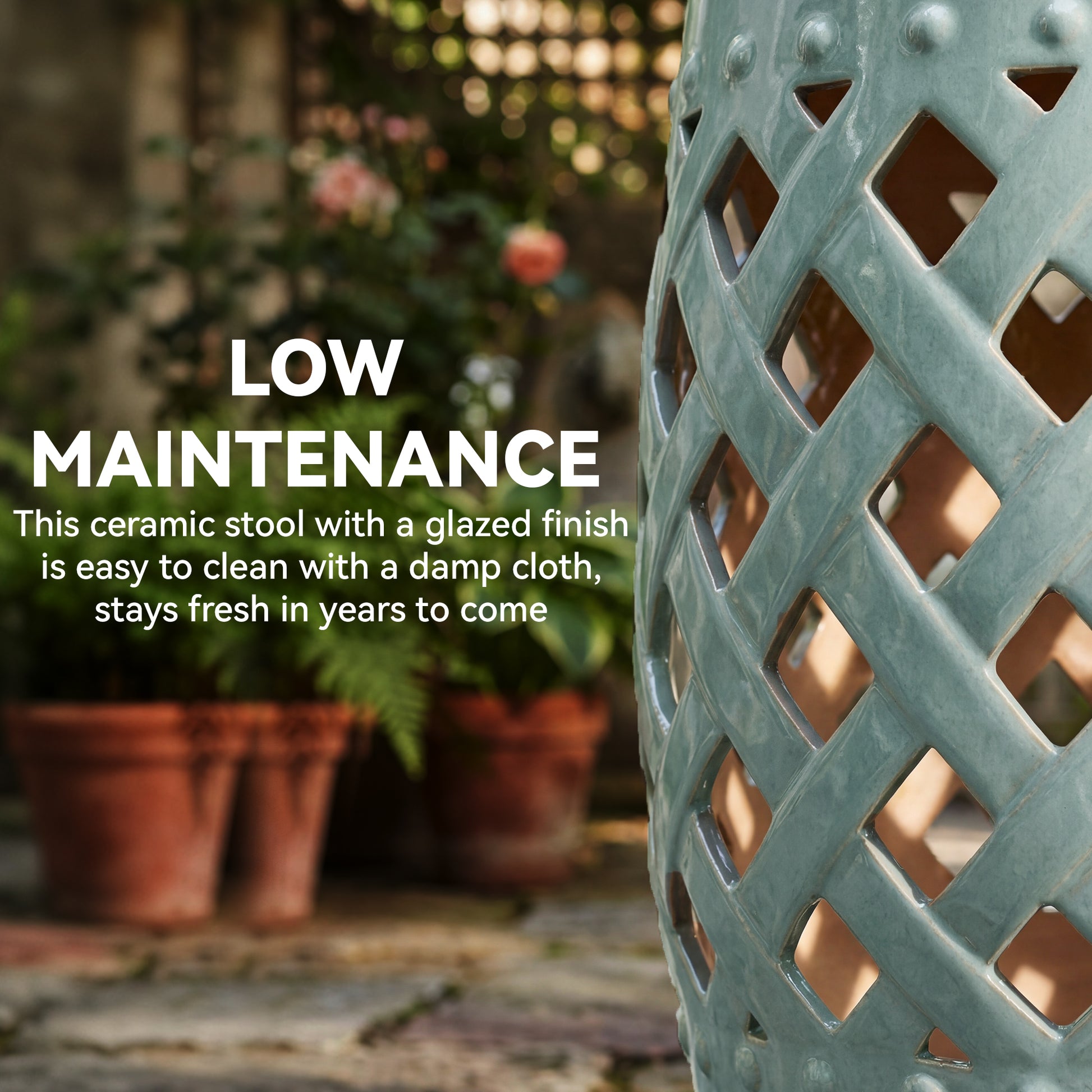 12.4" x 17.9" Ceramic Garden Stool with Woven Lattice Design, Indoor & Outdoor Decorative Accent Stool, Blue