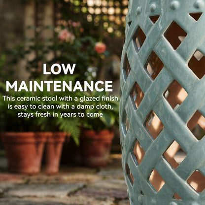 12.4" x 17.9" Ceramic Garden Stool with Woven Lattice Design, Indoor & Outdoor Decorative Accent Stool, Blue