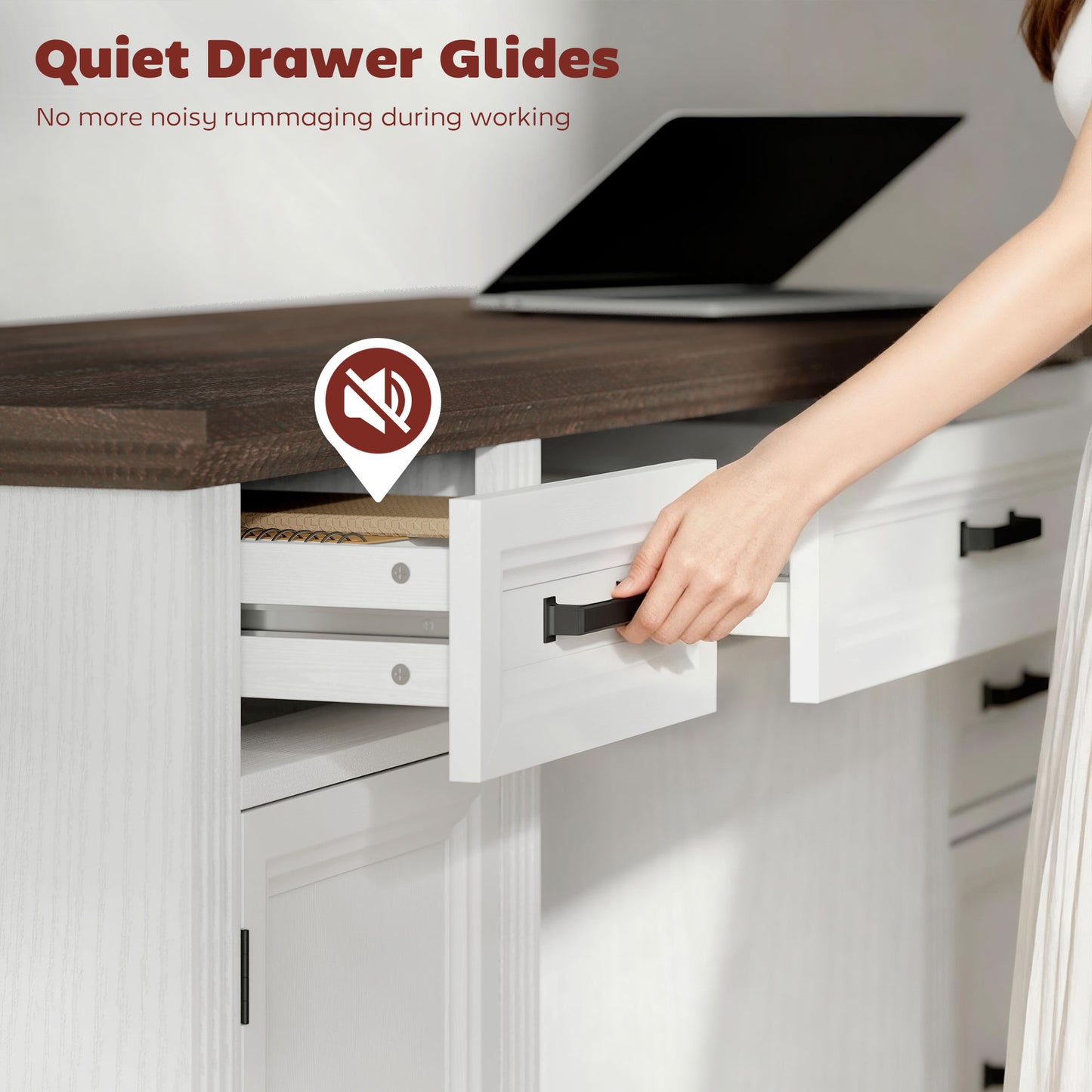 58" Home Office Desk with Soft-Close Drawers, Farmhouse Executive Desk with File Drawer for Letter Size, White