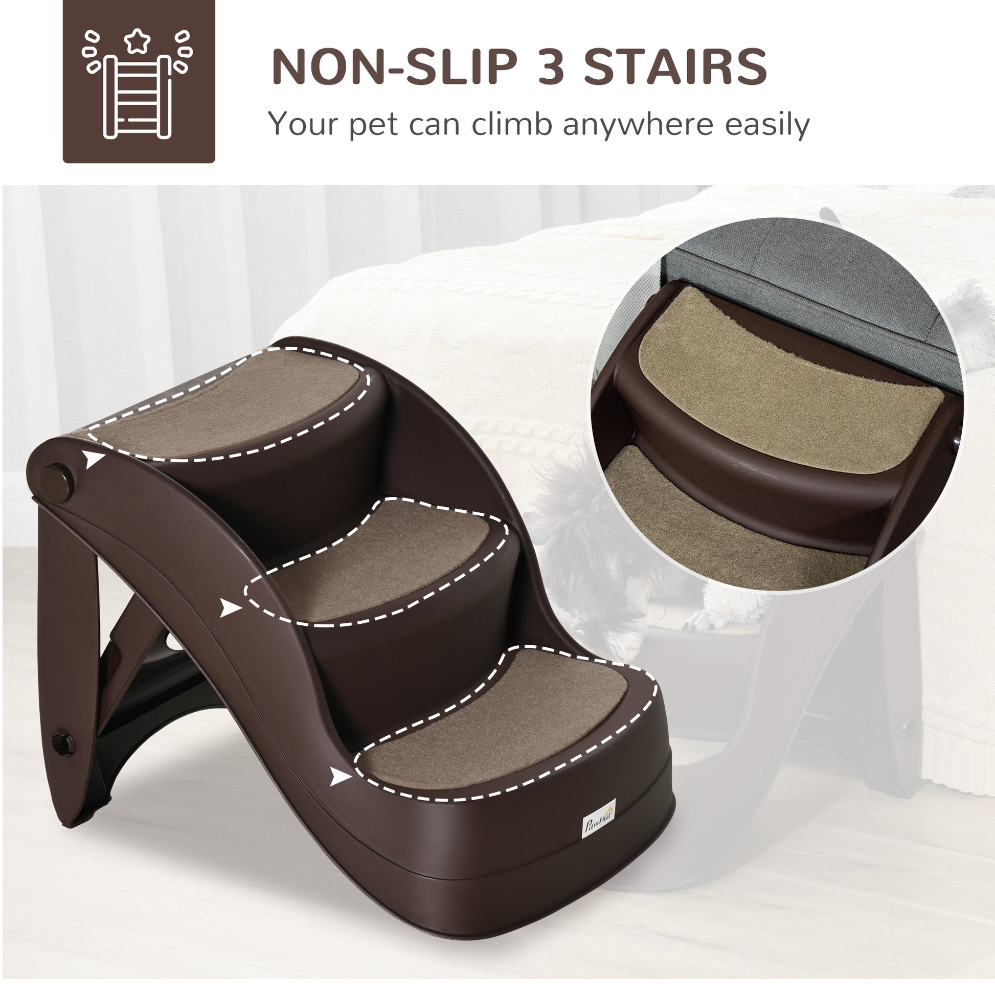 Dog Stairs for Small Dogs 15"H, 3-Step Foldable Pet Step with Non-Slip Treads, for Injured, Old, Puppy, Cats, for High B