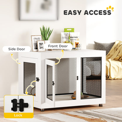 Pet Crate End Table with Water-resistant Cushion or Large Medium Dogs, White