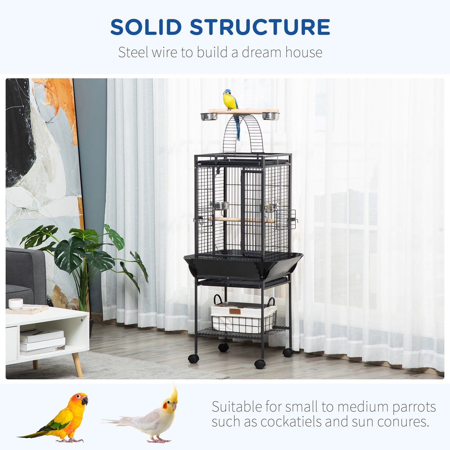 61.5 Inch Bird Cage Parakeet House for Cockatiel with Stand, Pull Out Tray, Play Top, Storage Shelf, Wood Perch, Food Co
