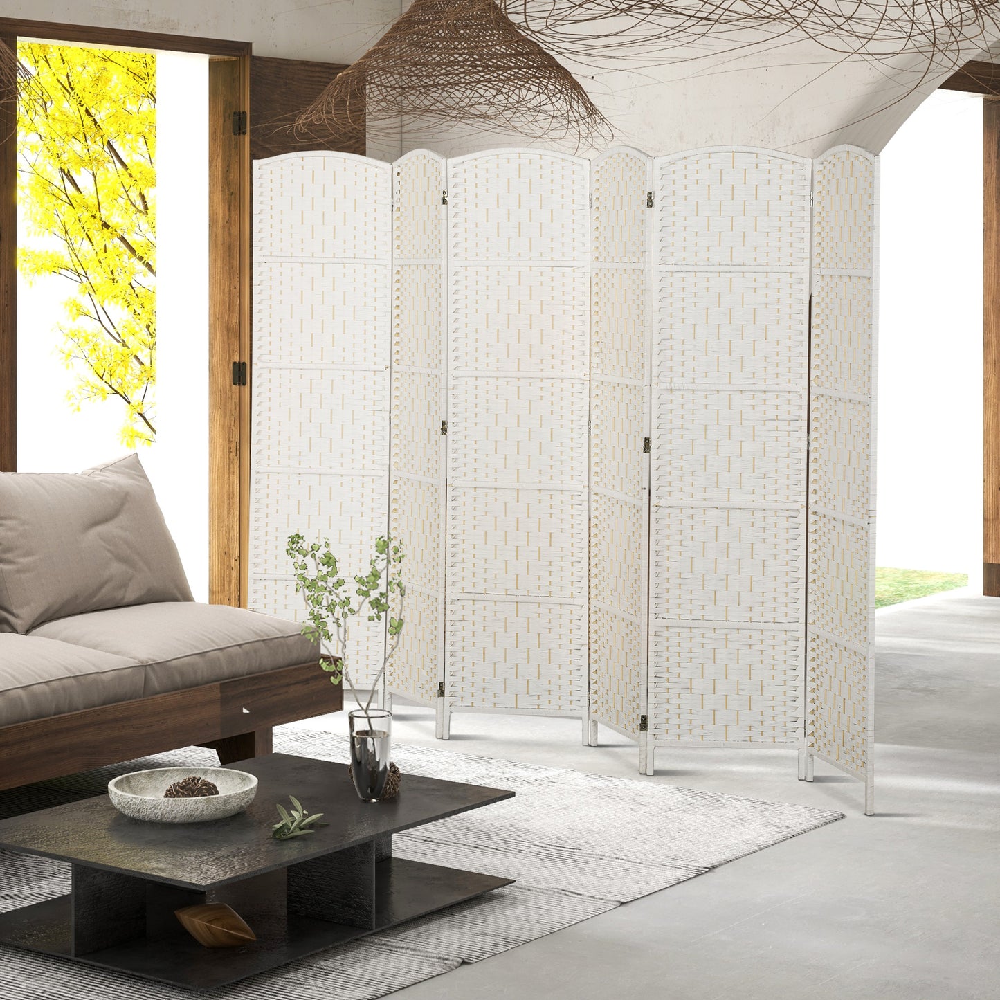 6ft Folding Room Divider, 6 Panel Wall Partition with Wooden Frame for Bedroom, Home Office, White