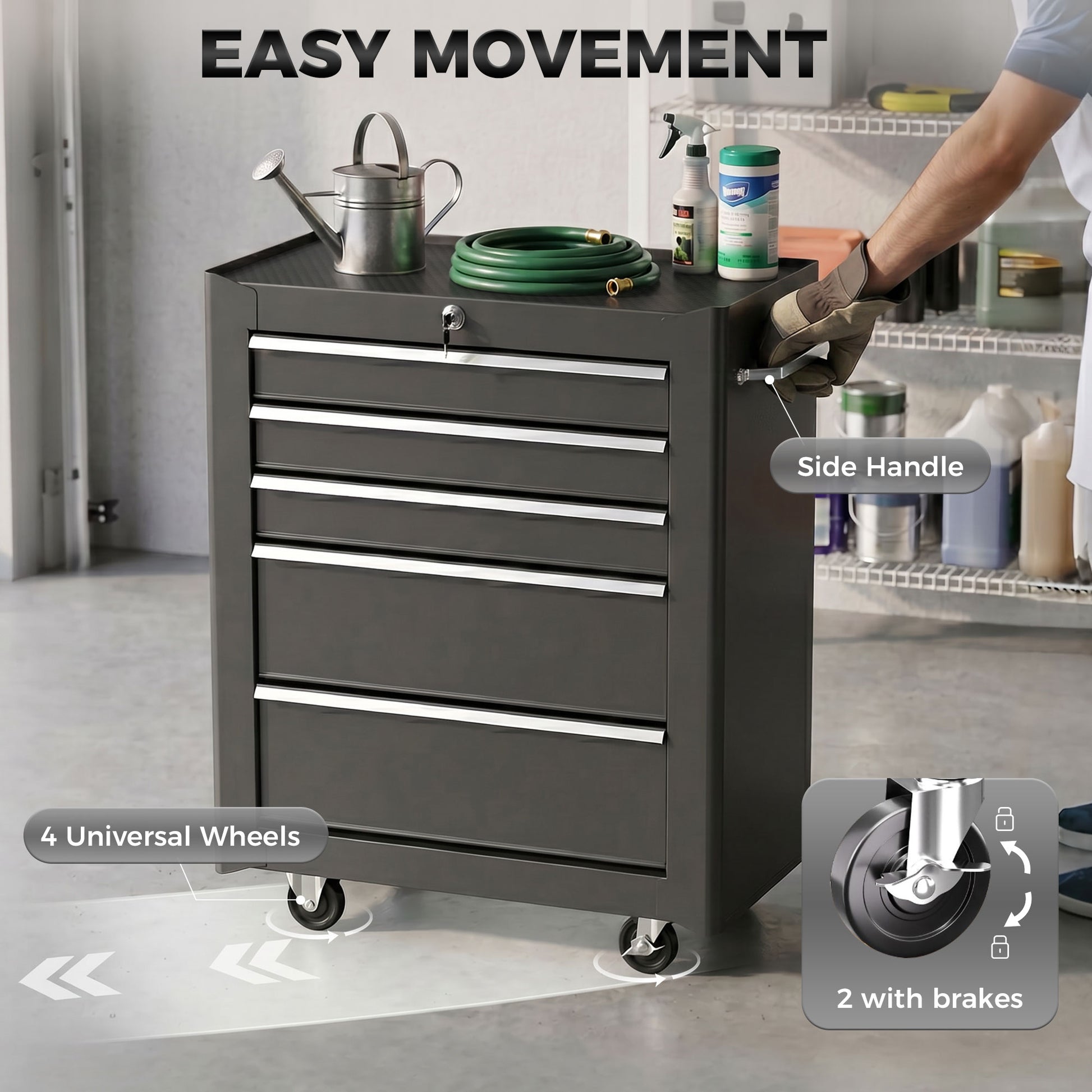 5-Drawer Rolling Tool Cabinet on Wheels, Lockable Tool Chest, Tool Organizer for Garage, Factory and Workshop, Black