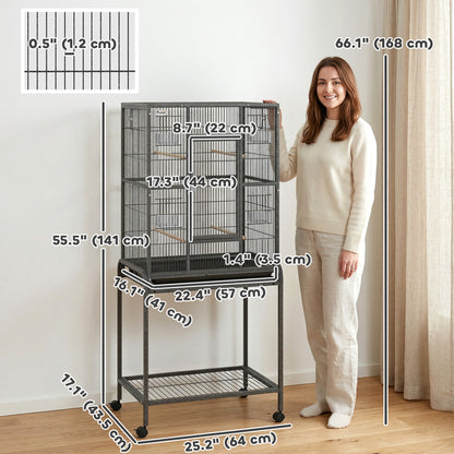56"H Bird Cage, Parrot Cage w/ Detachable Rolling Stand, Removable Tray, Storage Shelf, Perches, Food Container