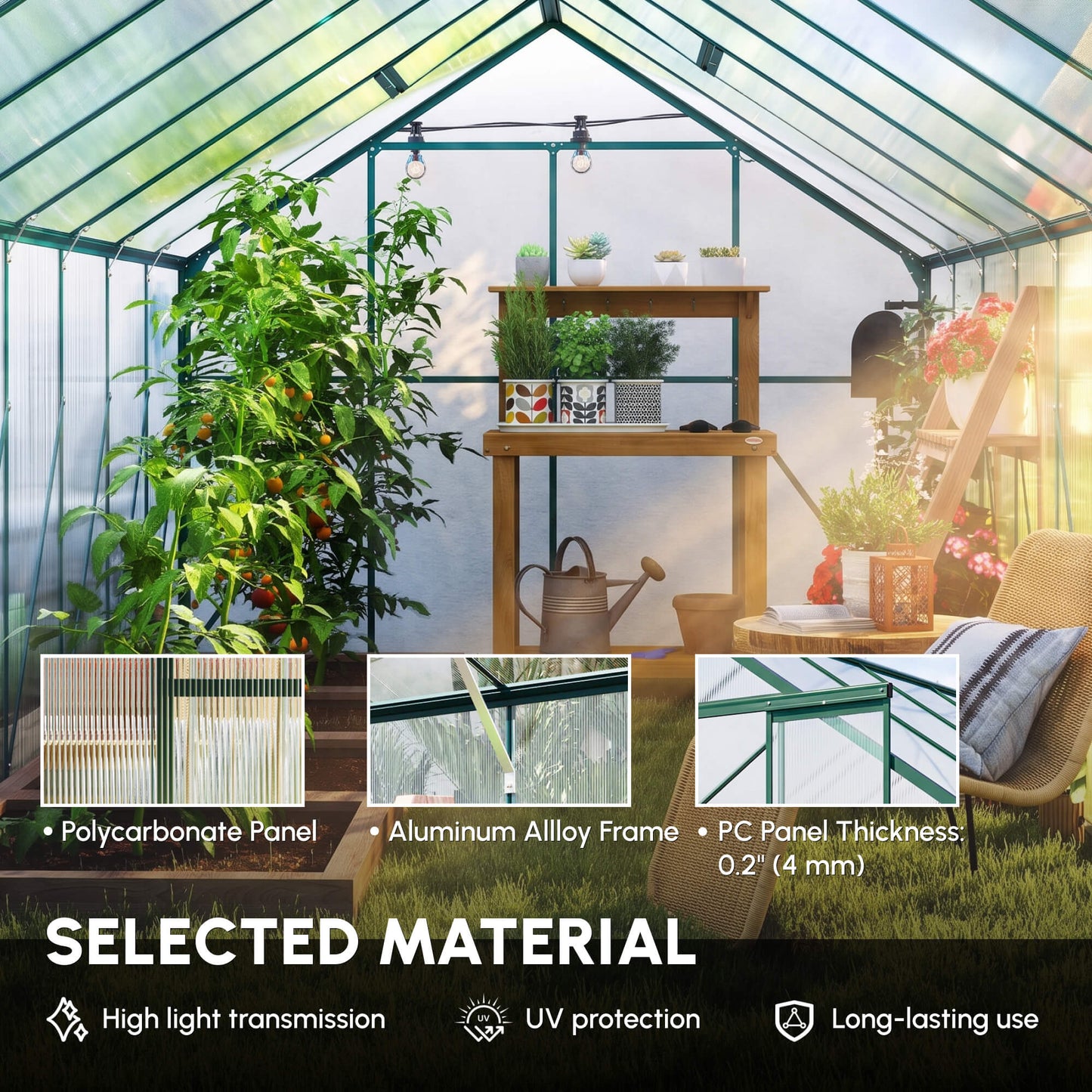 16' x 8' Aluminum Polycarbonate Greenhouse Walk-in Garden Greenhouse Kit with Adjustable Roof Vent, Rain Gutter and Slid