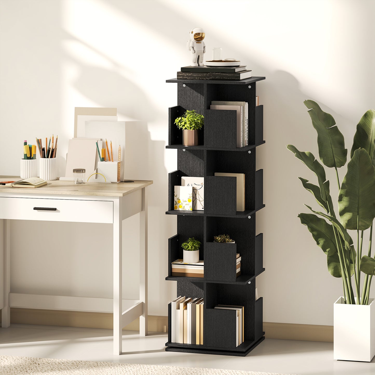 360° Rotating Bookcase with Anti-Tipping Straps, Anti-Slip Foot Pads, 4 Tier Bookshelf with 16 Cubbies for Books, Plants