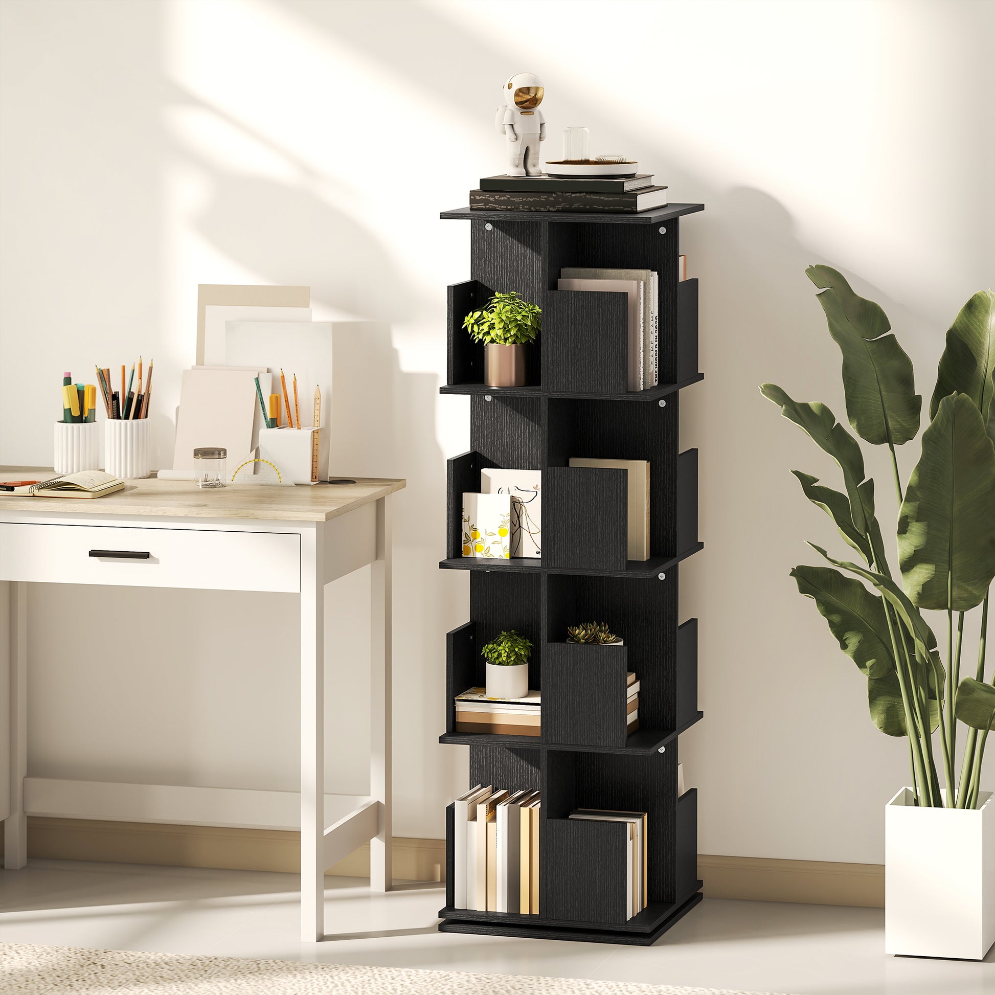 360° Rotating Bookcase with Anti-Tipping Straps, Anti-Slip Foot Pads, 4 Tier Bookshelf with 16 Cubbies for Books, Plants