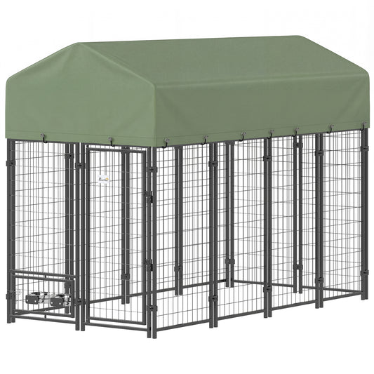 8' x 4' x 6' Outdoor Dog Kennel, Dog Kennel Outside Run with 360° Rotating Bowls, Waterproof & UV Resistant Cover Green