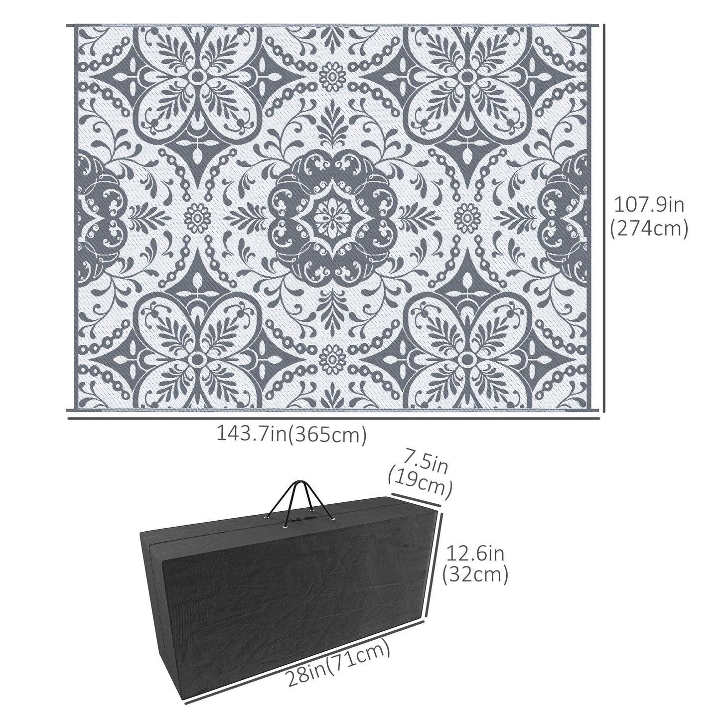 Portable Outdoor Rug with Carry Bag, 9' x 12' Reversible Mat, Waterproof Plastic Straw RV Rug for Backyard, Deck, Picnic