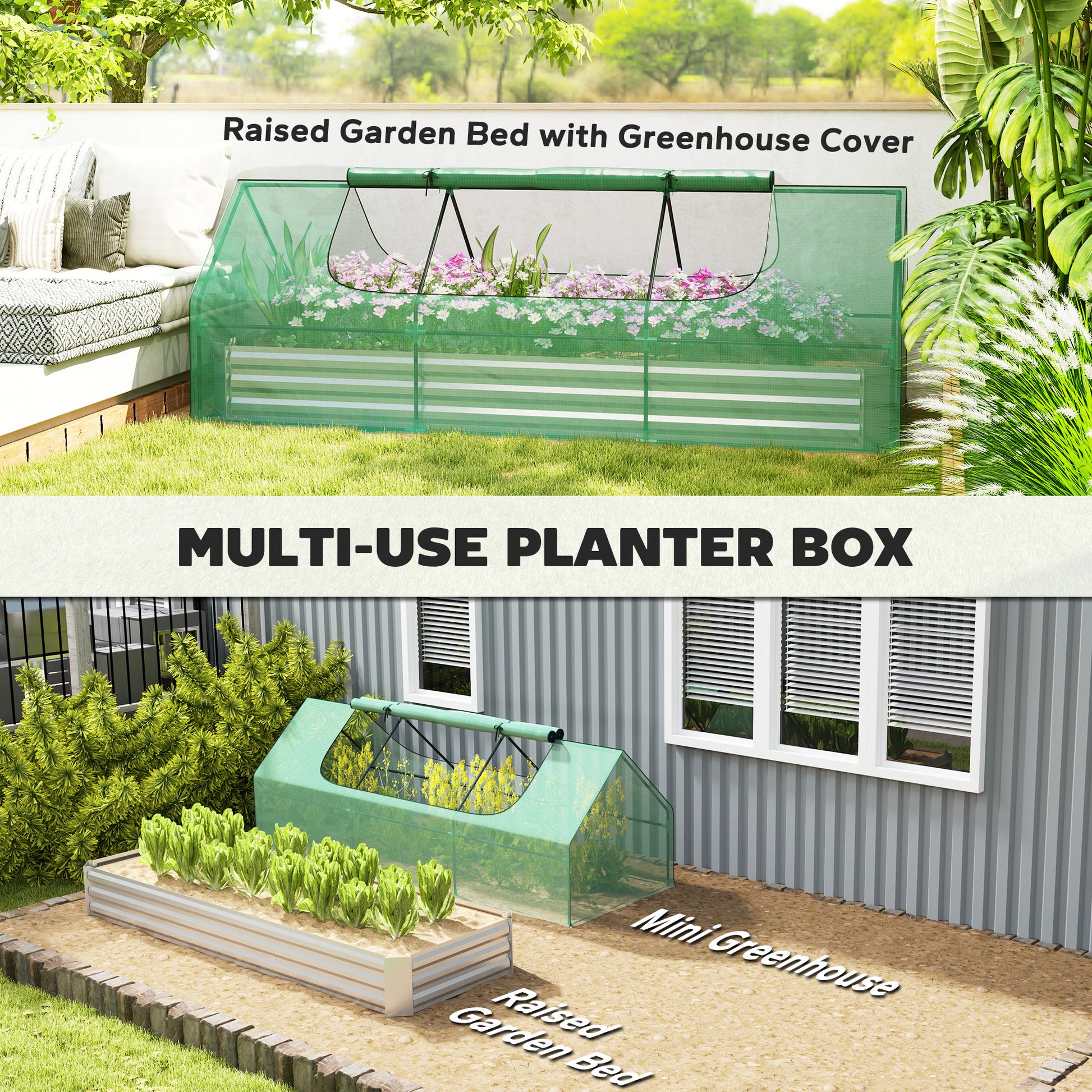 8.6 x 3 x 1ft Raised Garden Bed with Mini Greenhouse, Galvanized Raised Garden Bed with Cover for Herbs and Vegetables, 