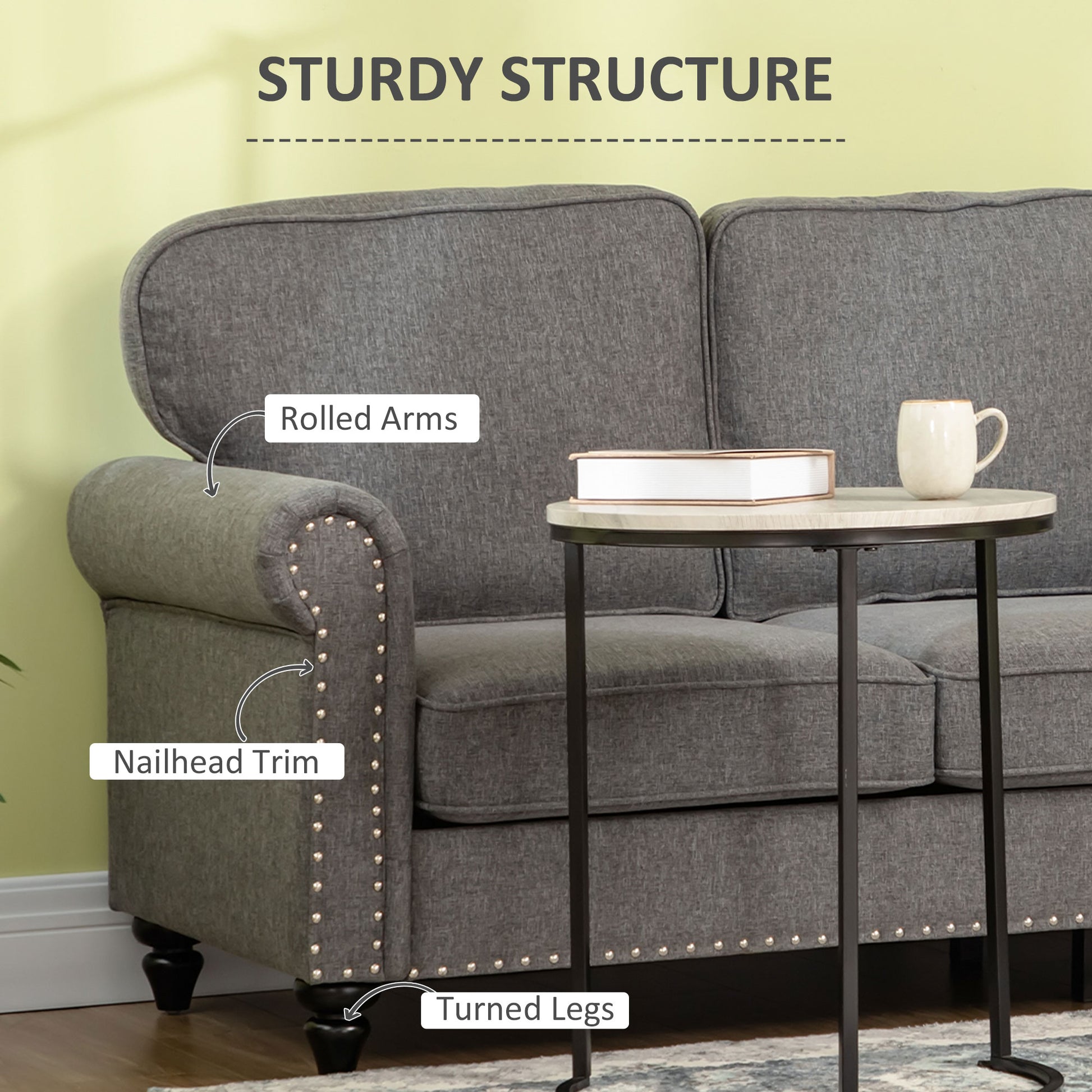 3-Seater Sofa Couch, 81" Modern Upholstered Linen Fabric Sofa with Rubberwood Legs, Nailhead Trim and Rolled Arms for Li