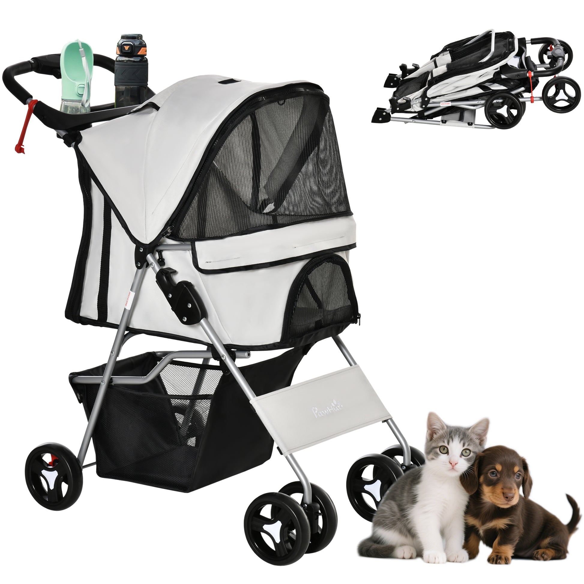 Cat Dog Stroller, One-click Foldable Pet Stroller w/Cup Holder, 4 Wheels Travel Carrier w/Brakes, 360° Swiveling Front W