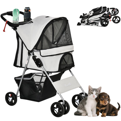 Cat Dog Stroller, One-click Foldable Pet Stroller w/Cup Holder, 4 Wheels Travel Carrier w/Brakes, 360° Swiveling Front W