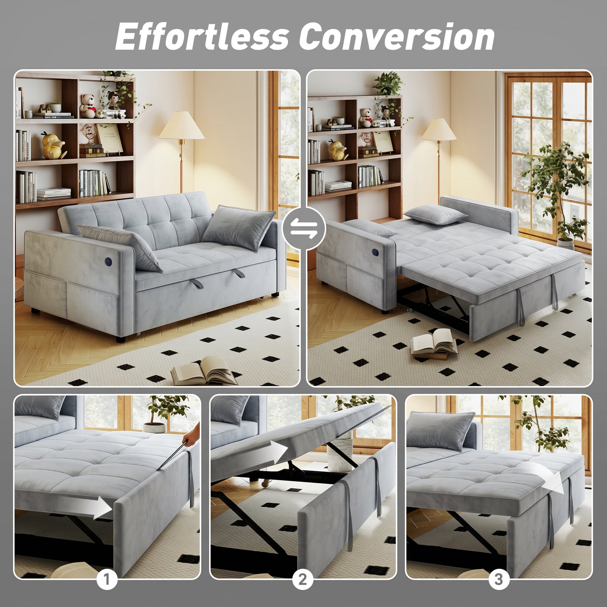 3‑in‑1 Convertible Sofa Bed, Pull Out Sleeper Sofa with USB Charging, Adjustable Backrest, Side Pockets, Light Grey