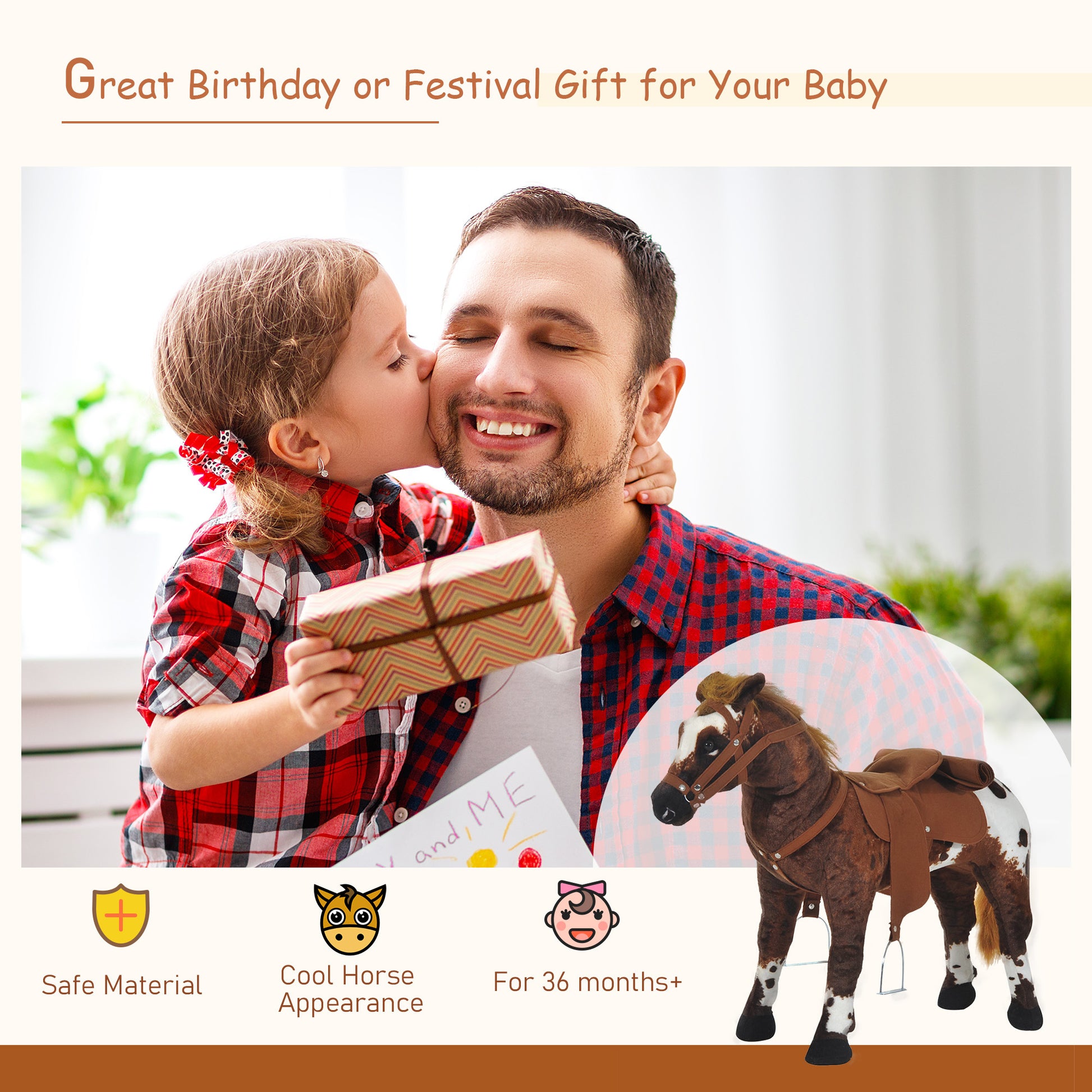 Qaba Standing Ride on Horse, Plush Pony Toy for Kids with Neighing Sound, Soft Padding, for Cowboy Cowgirl Aged 3-8 Year