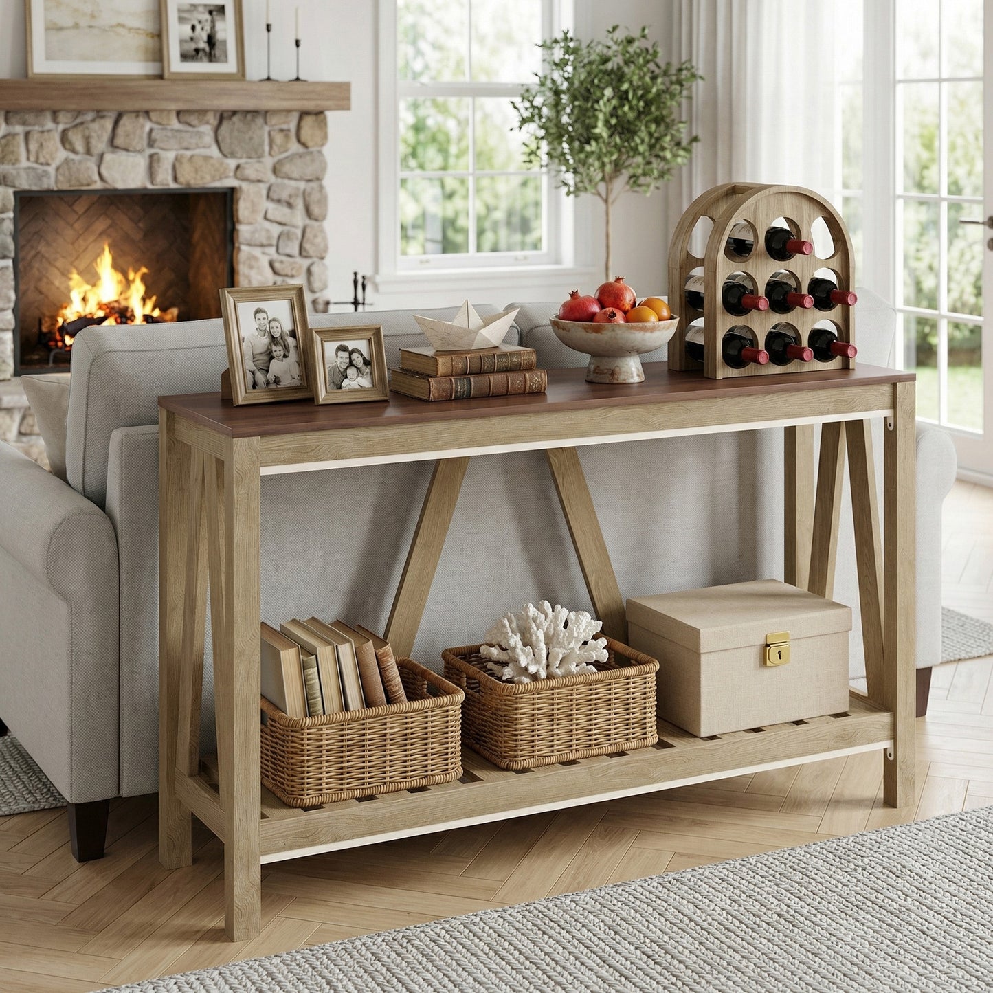 52" Console Table, Farmhouse Narrow Entryway Table with Storage Shelf, Rustic Sofa Table with Anti-tipper for Living Roo