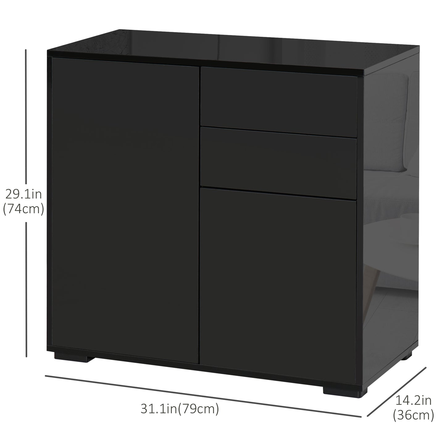 High Gloss Buffet Sideboard with 2 Drawers, 2 Doors and Adjustable Shelf, Kitchen Storage Cabinet with Push Open Design,