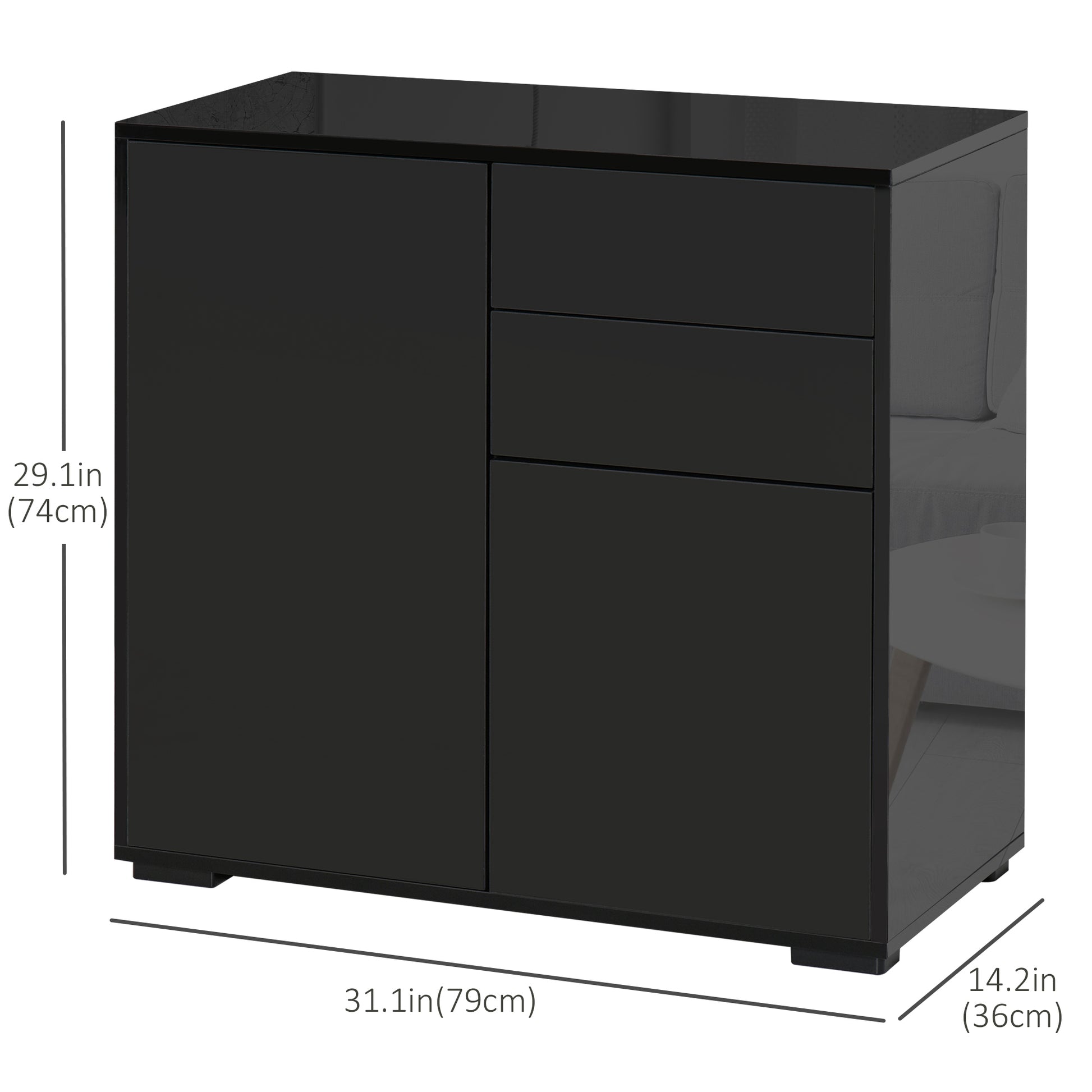 High Gloss Buffet Sideboard with 2 Drawers, 2 Doors and Adjustable Shelf, Kitchen Storage Cabinet with Push Open Design,
