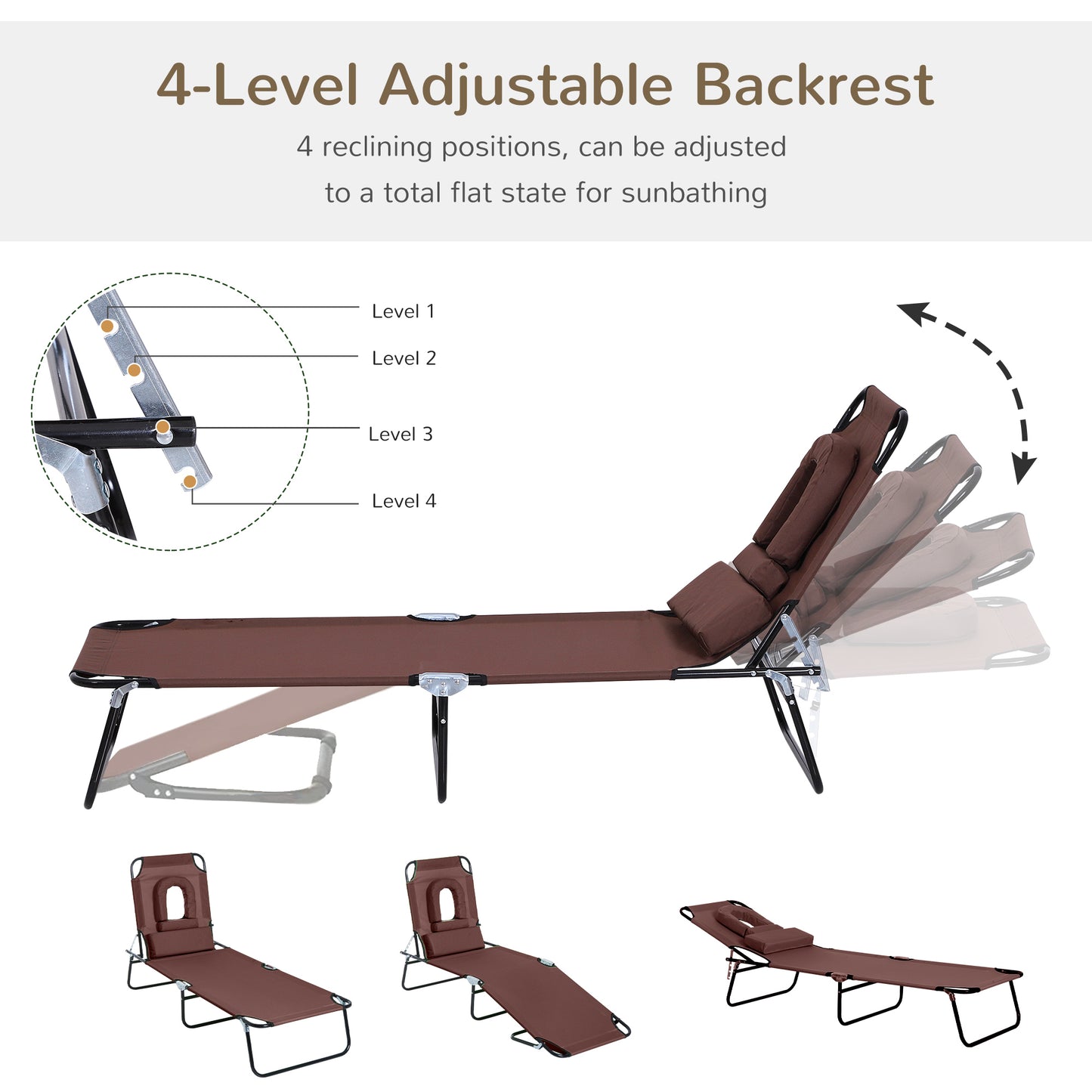 Folding Chaise Lounge Chair, Reclining Beach Tanning Chair with Face Hole, Pillow, 4-Position Adjustable Lay Flat Sun Lo