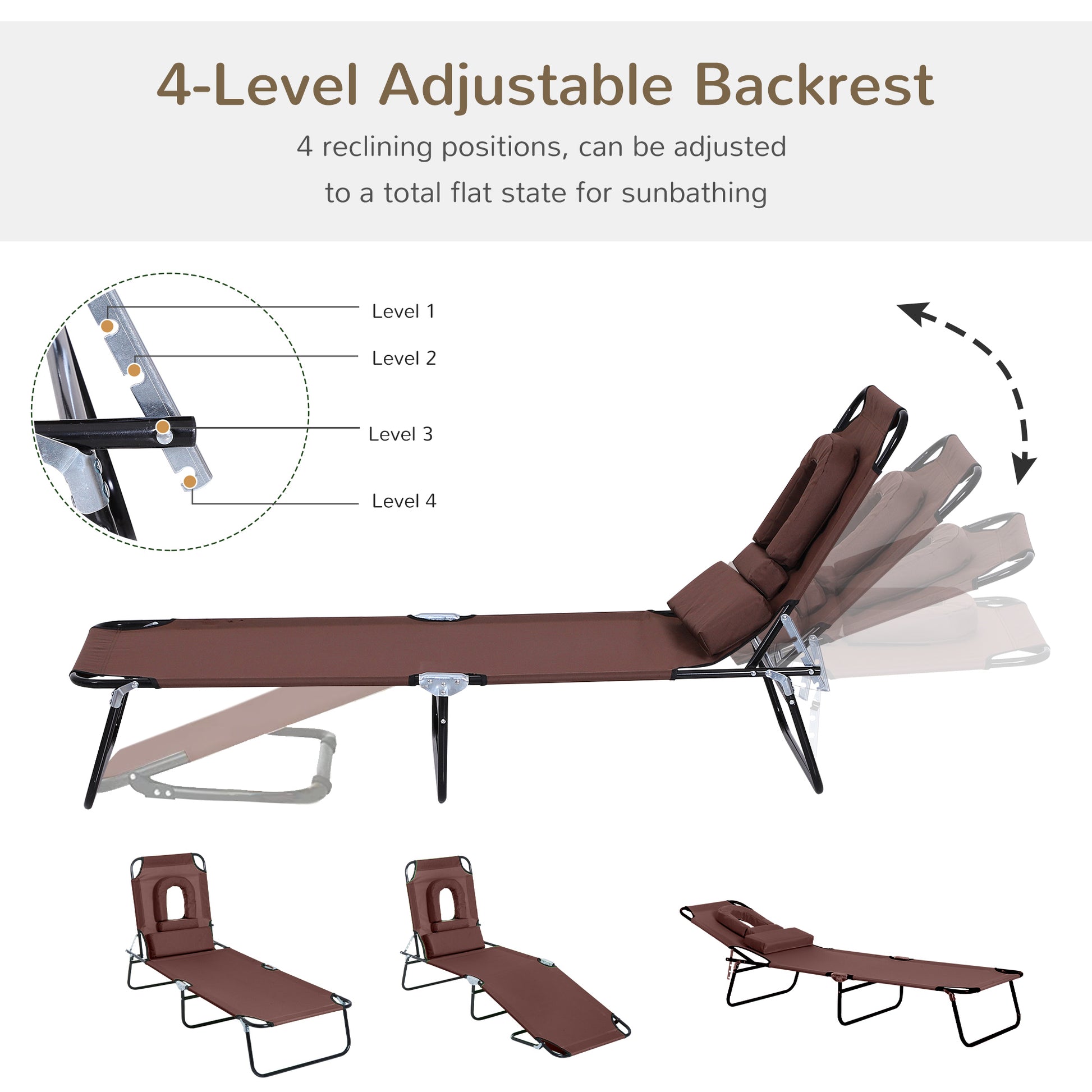 Folding Chaise Lounge Chair, Reclining Beach Tanning Chair with Face Hole, Pillow, 4-Position Adjustable Lay Flat Sun Lo