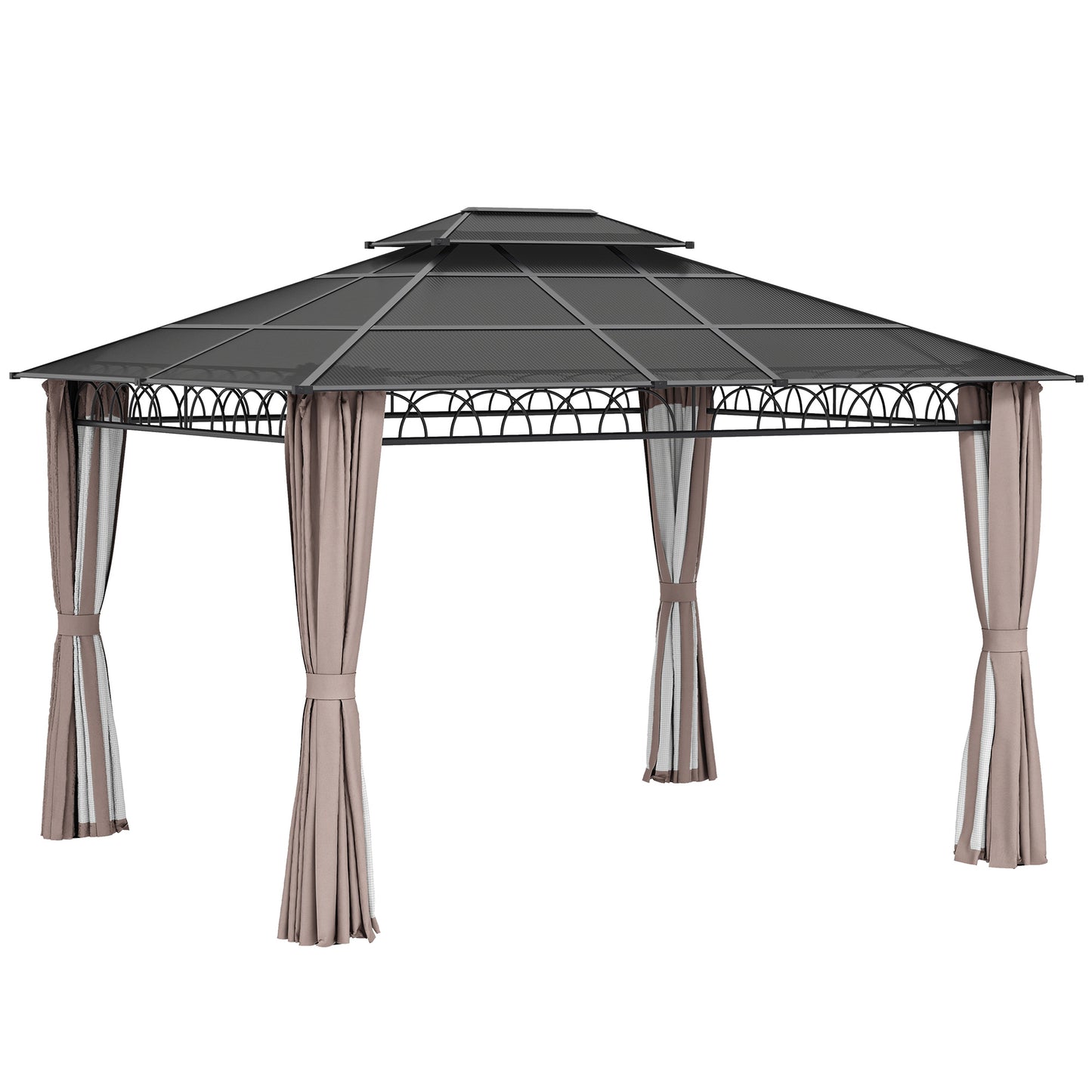 10' x 12' Outdoor Gazebo Canopy, Double Roof Hardtop Gazebo with Polycarbonate Roof, Steel Frame, Nettings and Curtains,