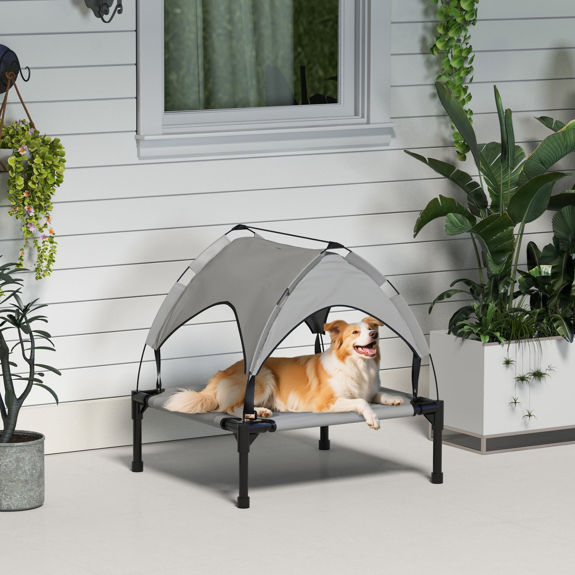 Raised Dog Bed Cooling Dog Cot w/ Canopy Washable Breathable Mesh, for Small and Medium Dogs, Light Grey