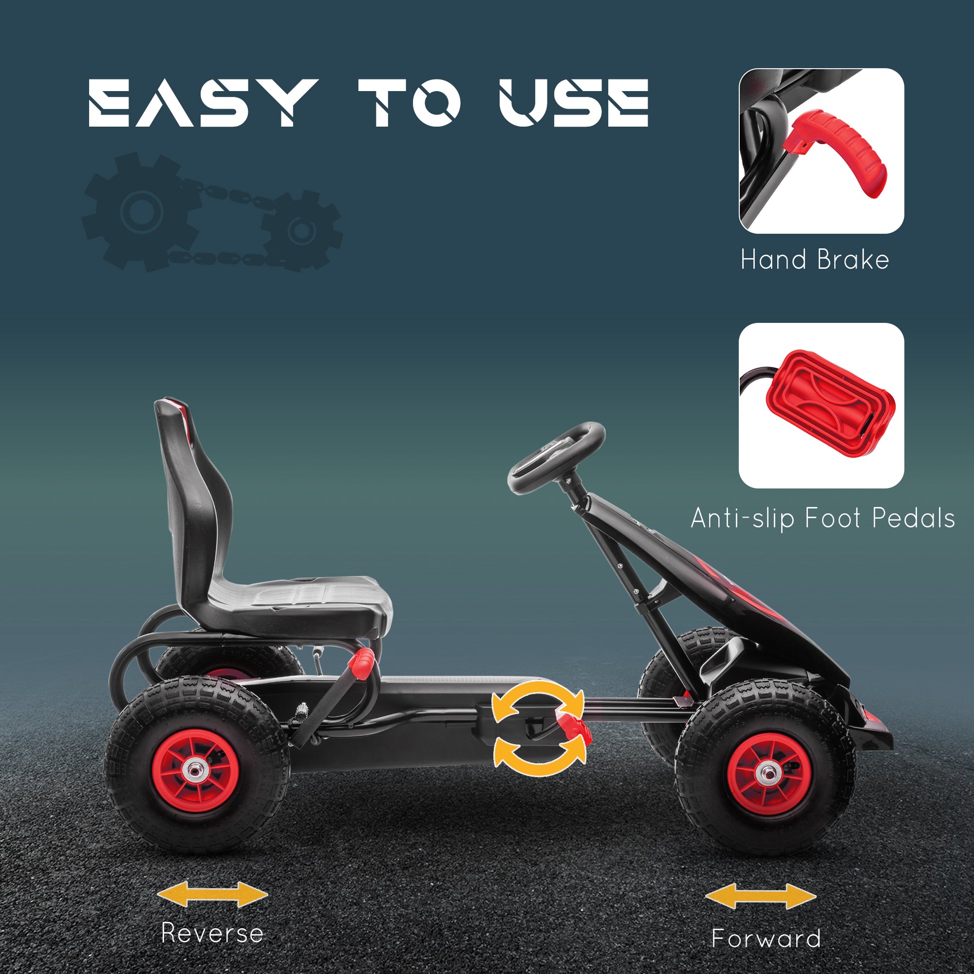 VarietyKart Pedal Go Kart w/ Adjustable Seat, Rubber Wheels Shock Absorb, Red