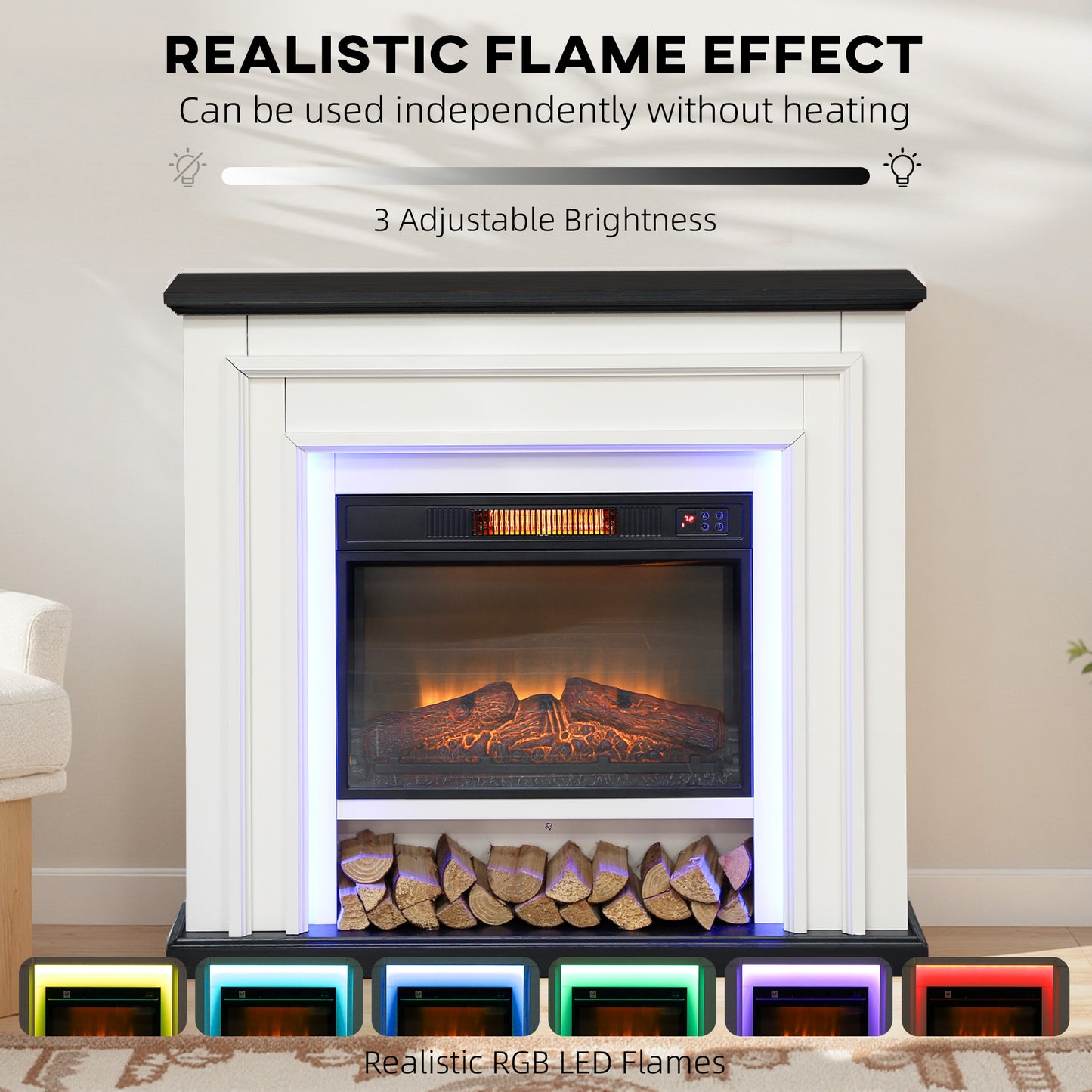41 Inch Electric Fireplace with Mantel, 1400W Fireplace Heater with Adjustable 3D Flame Effect, Black and White