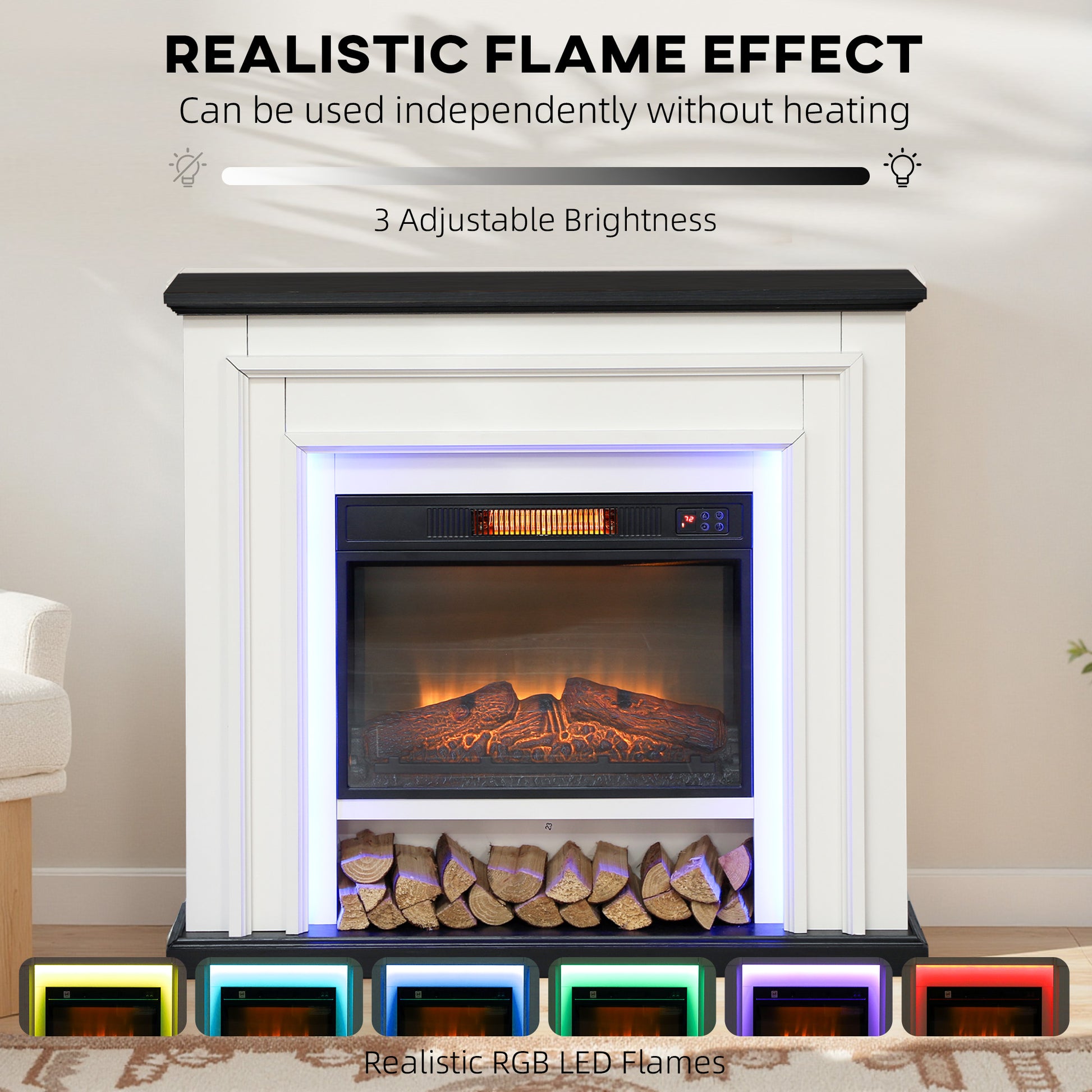 41 Inch Electric Fireplace with Mantel, 1400W Fireplace Heater with Adjustable 3D Flame Effect, Black and White