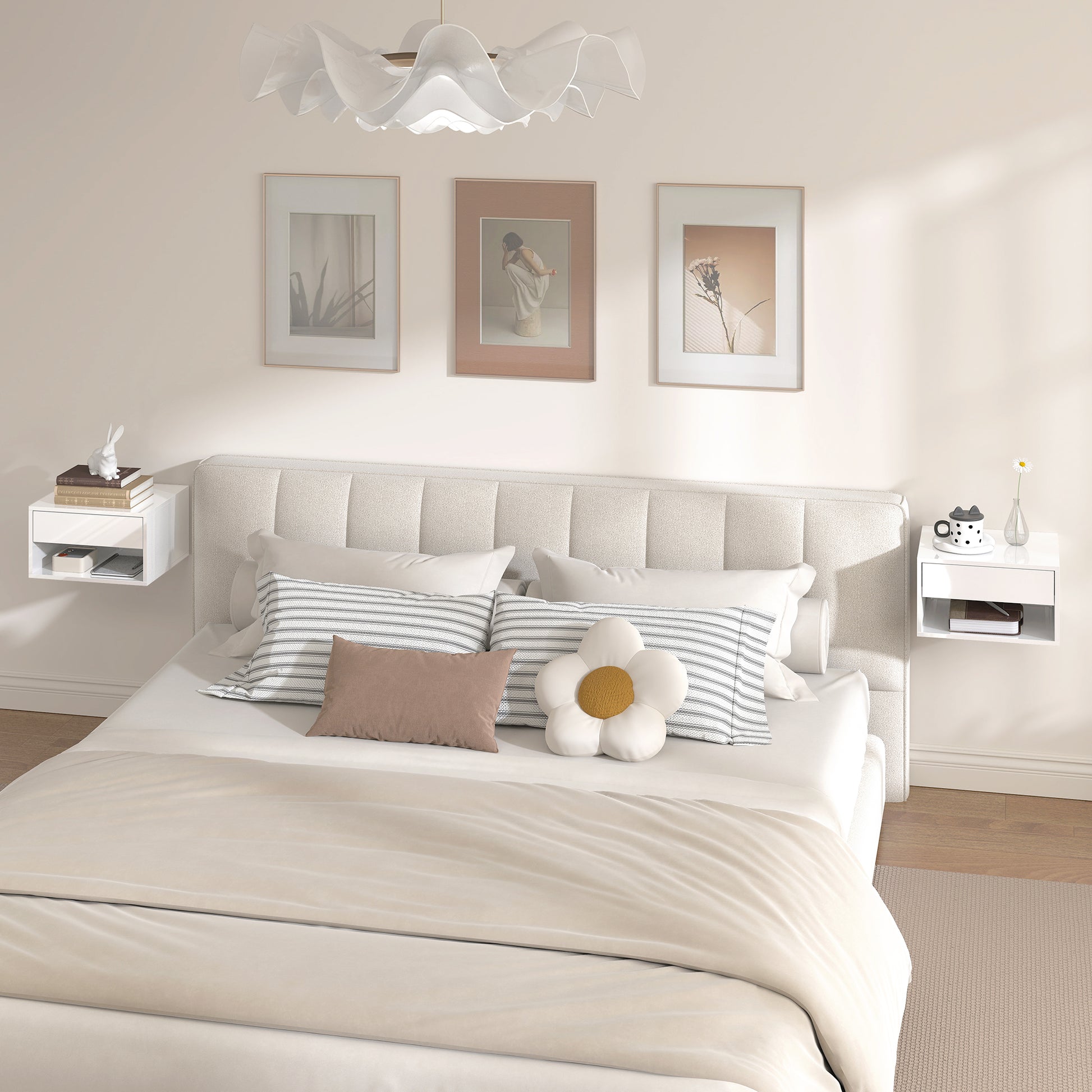 Floating Bedside Tables Set of 2, Wall-Mounted Nightstand, High Gloss White