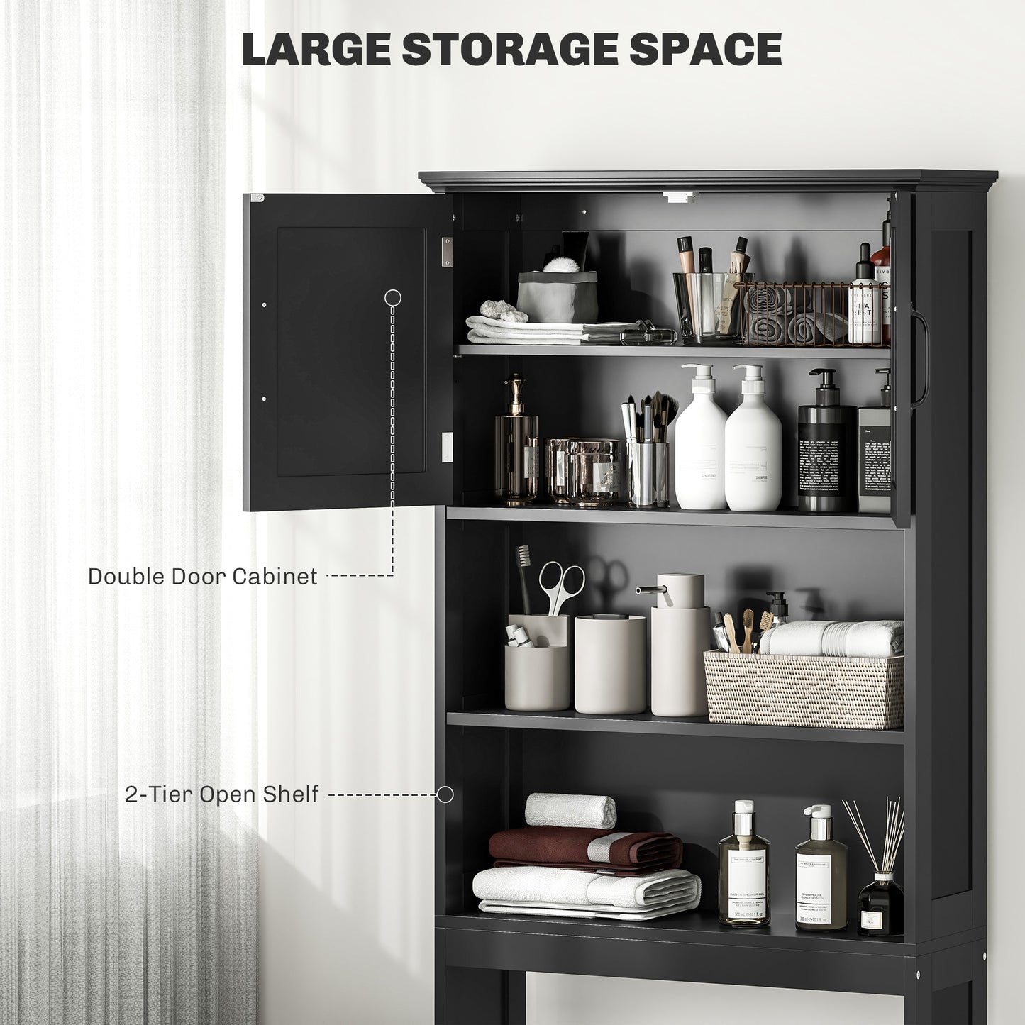 Modern Over The Toilet Storage, Bathroom Cabinets Over Toilet with Open Shelves and Double Door Cabinet, Black