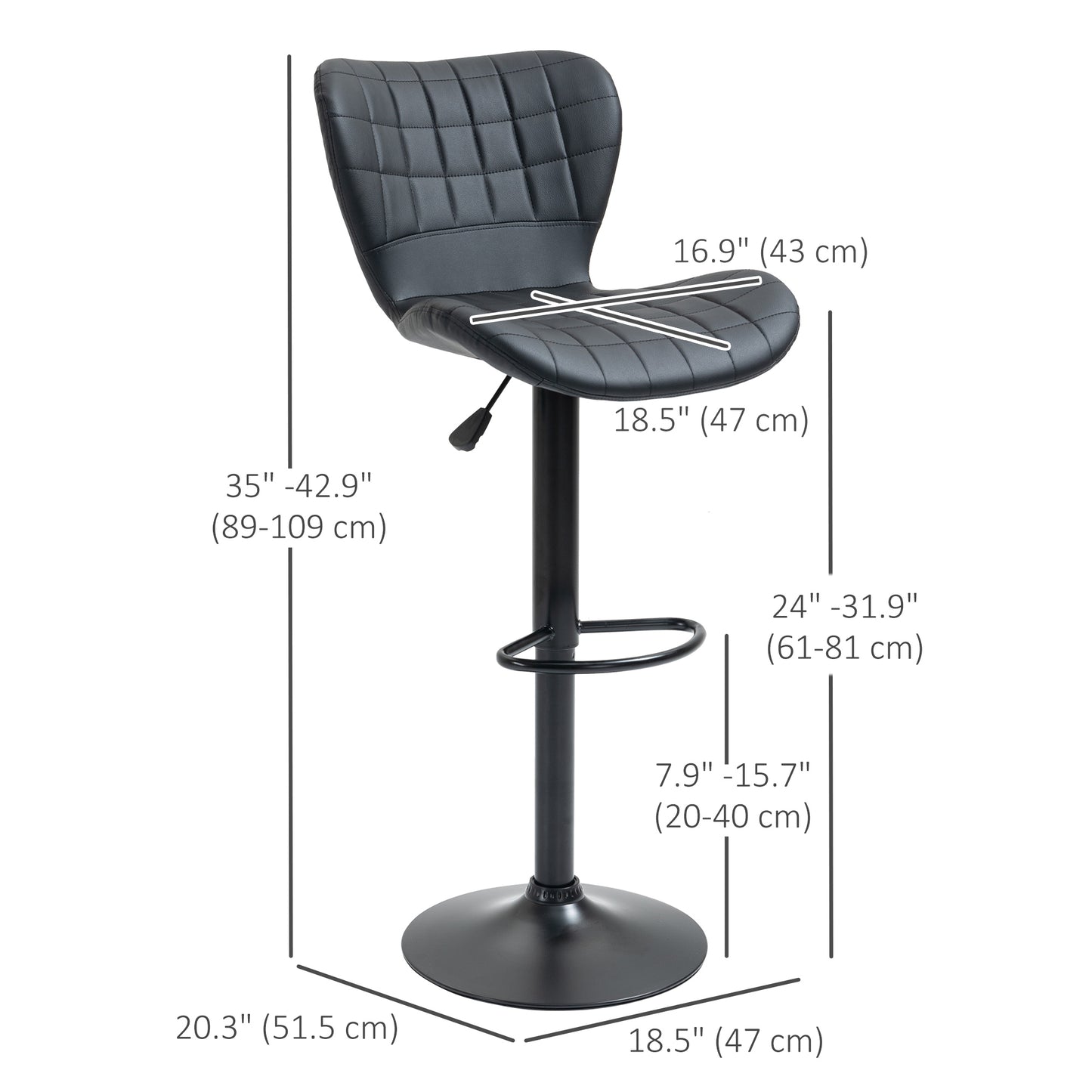 Bar Stools Set of 2, Adjustable Height Swivel Bar Chairs, PU Leather Upholstered Kitchen Counter Stools with Wide Seat, 