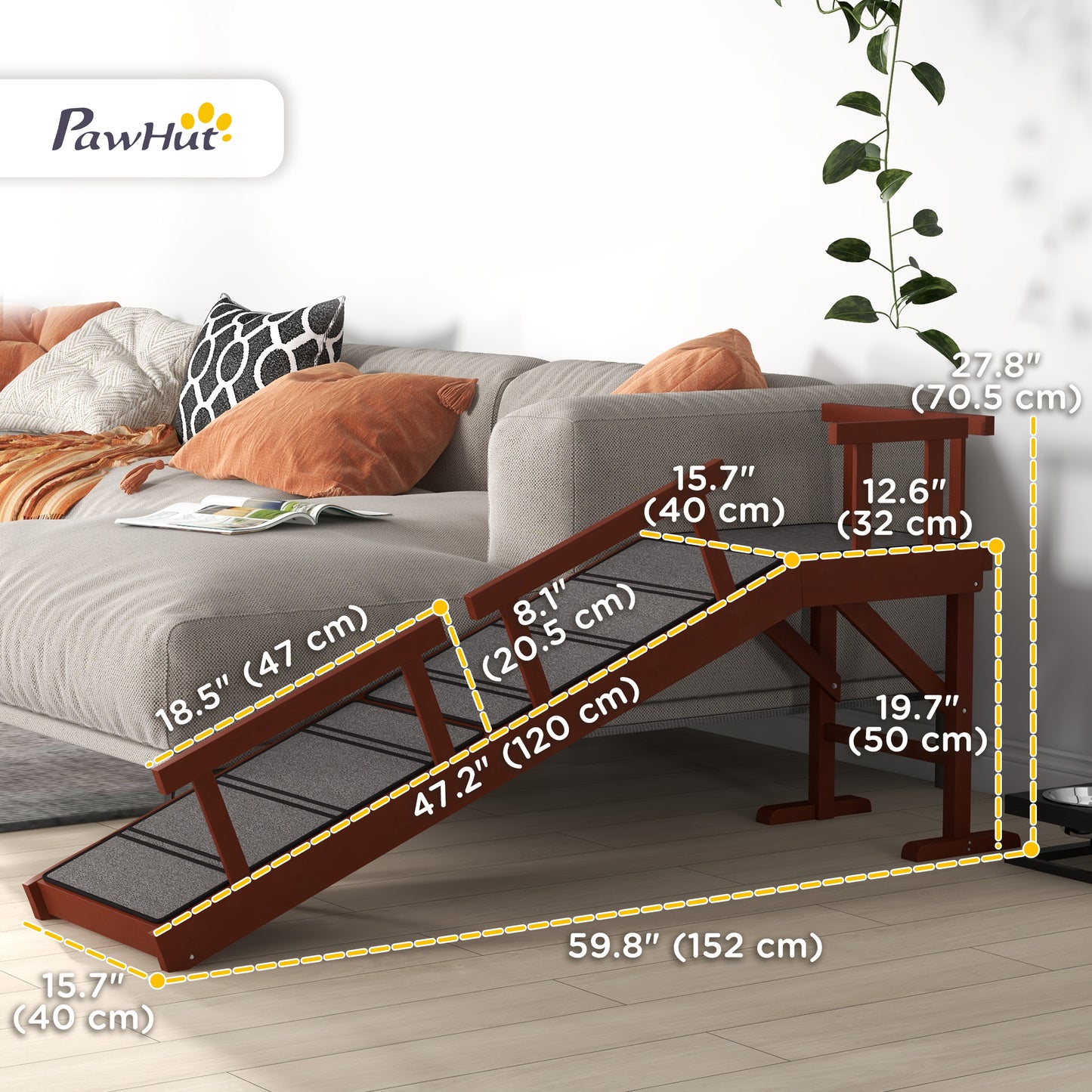 Wooden Dog Ramp for Large Dogs, 60" Long, with Non-slip Rug, Removable Guardrails for Couch, Bed, Brown
