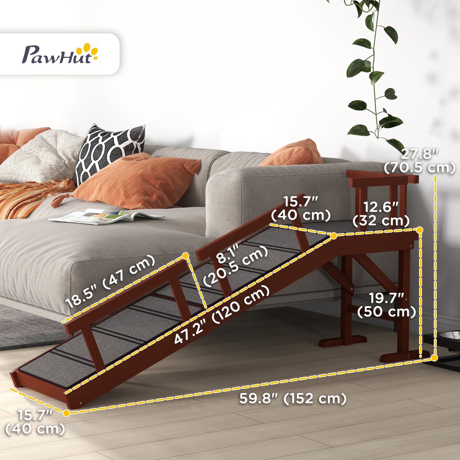 Wooden Dog Ramp for Large Dogs, 60" Long, with Non-slip Rug, Removable Guardrails for Couch, Bed, Brown