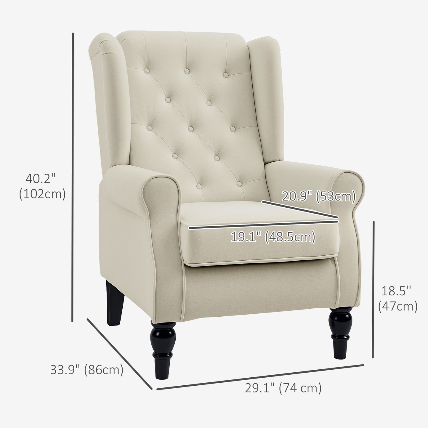 Fabric Accent Chair, Button Tufted Armchair, Upholstered Modern Living Room Chair, Wingback Chair with Wood Legs, Rolled