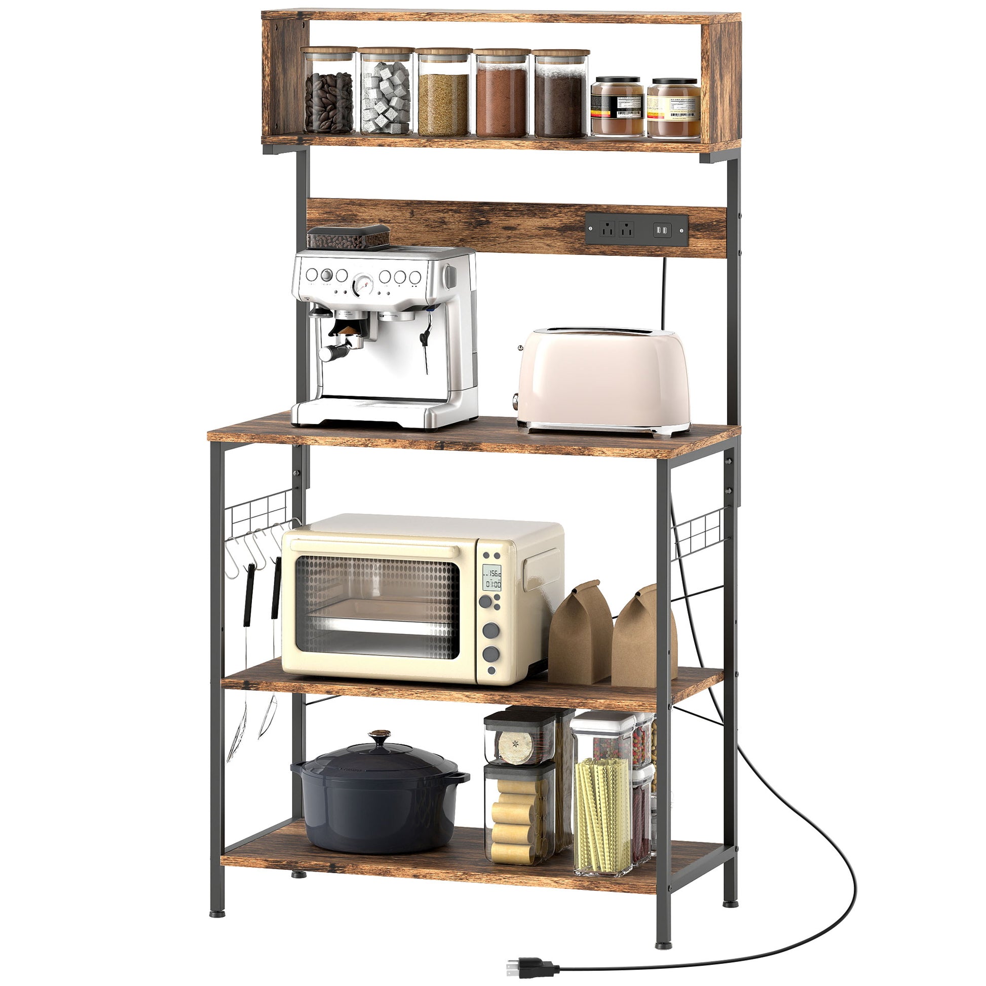 Baker's Rack with Charing Station, Microwave Shelf with Power Outlet, USB Charger and 5 Hooks, Rustic Brown
