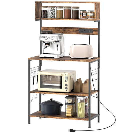 Baker's Rack with Charing Station, Microwave Shelf with Power Outlet, USB Charger and 5 Hooks, Rustic Brown
