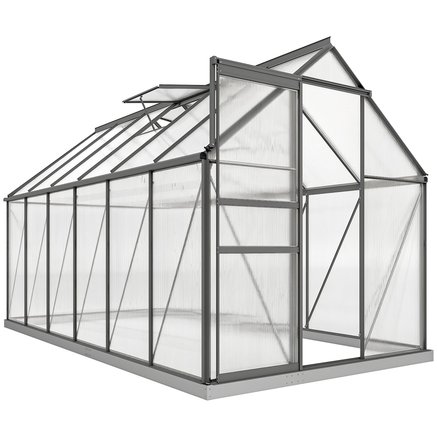 6' x 12' x 6.5' Polycarbonate Greenhouse, Walk-in Green House with Adjustable Roof Vent Galvanized Base Sliding Door Rai